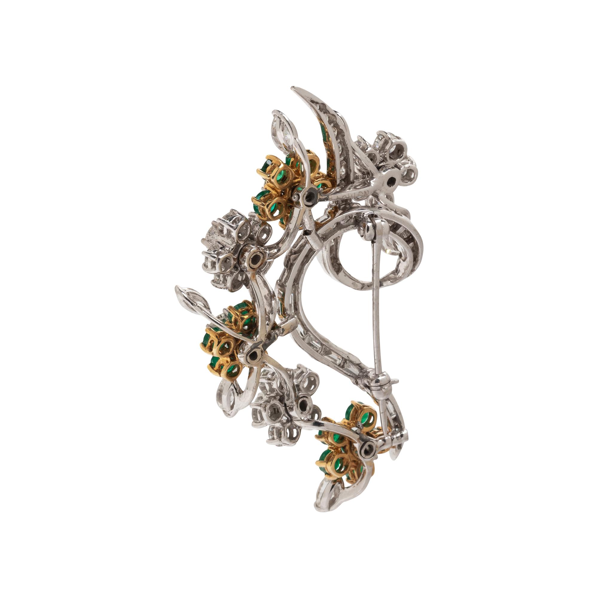 EMERALD AND DIAMOND FLORAL BROOCH