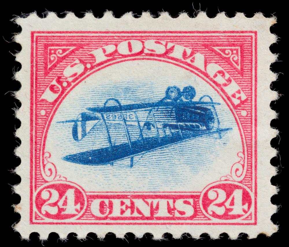 A United States 1918 24-Cent Carmine Rose & Blue Airmail Inverted Jenny Stamp