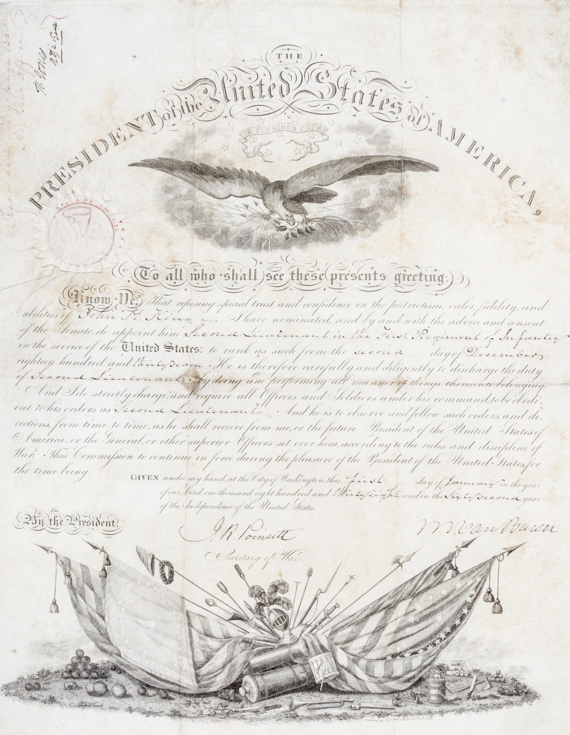 VAN BUREN, MARTIN. Partially printed document signed. Dated January 1, 1838.