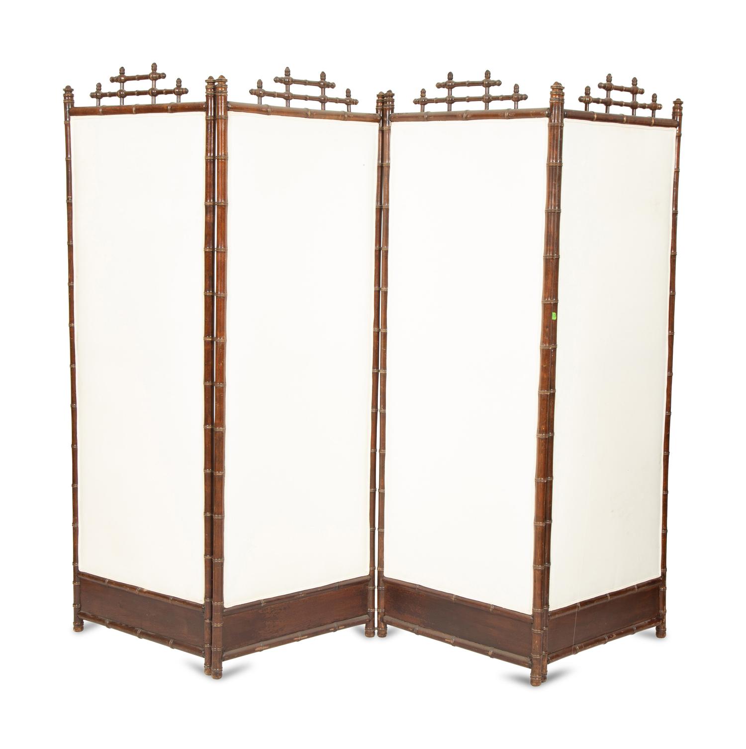 A Victorian Carved Mahogany and Parcel Gilt Faux-Bamboo Upholstered Four-Panel Screen