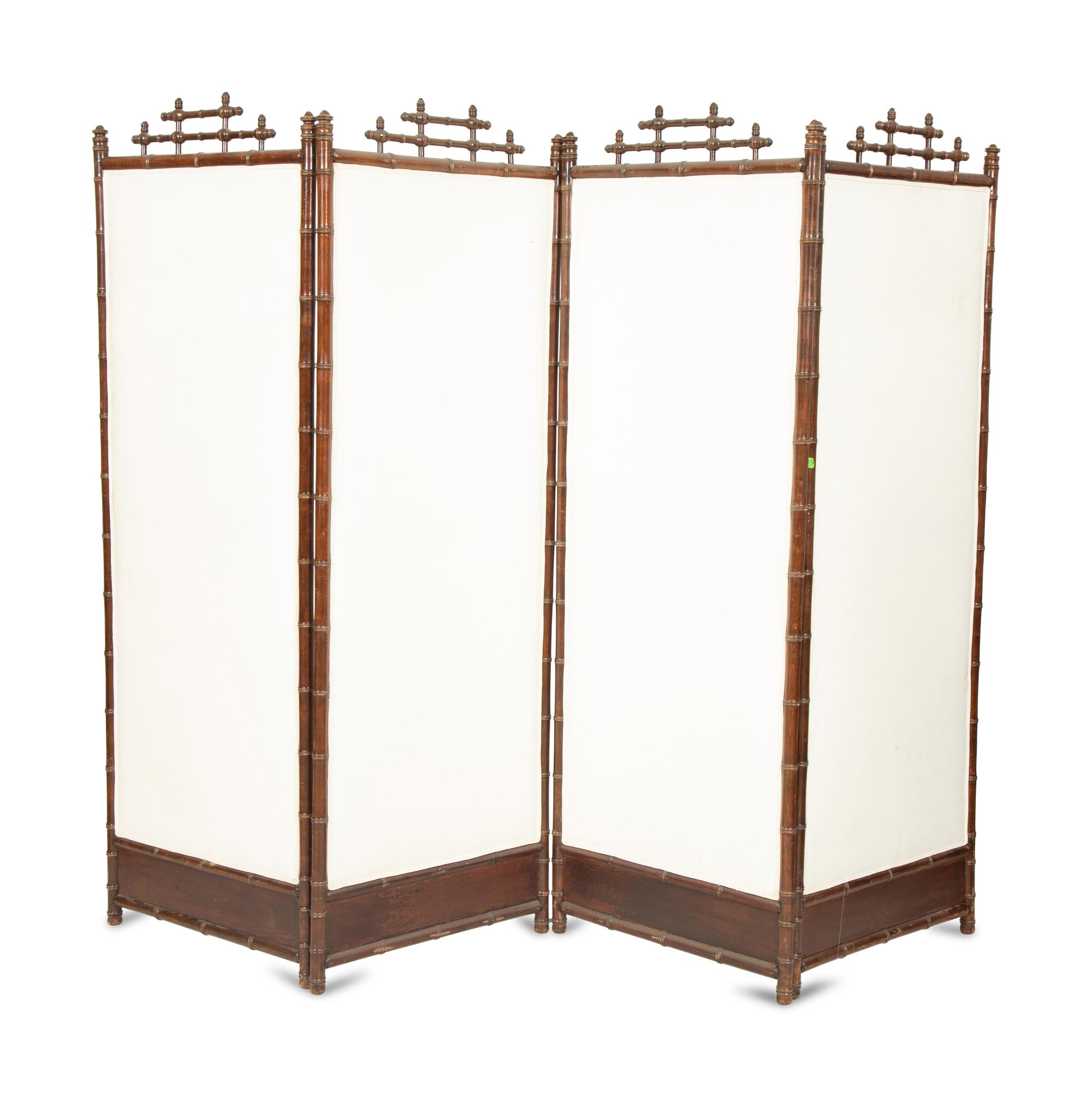A Victorian Carved Mahogany and Parcel Gilt Faux-Bamboo Upholstered Four-Panel Screen