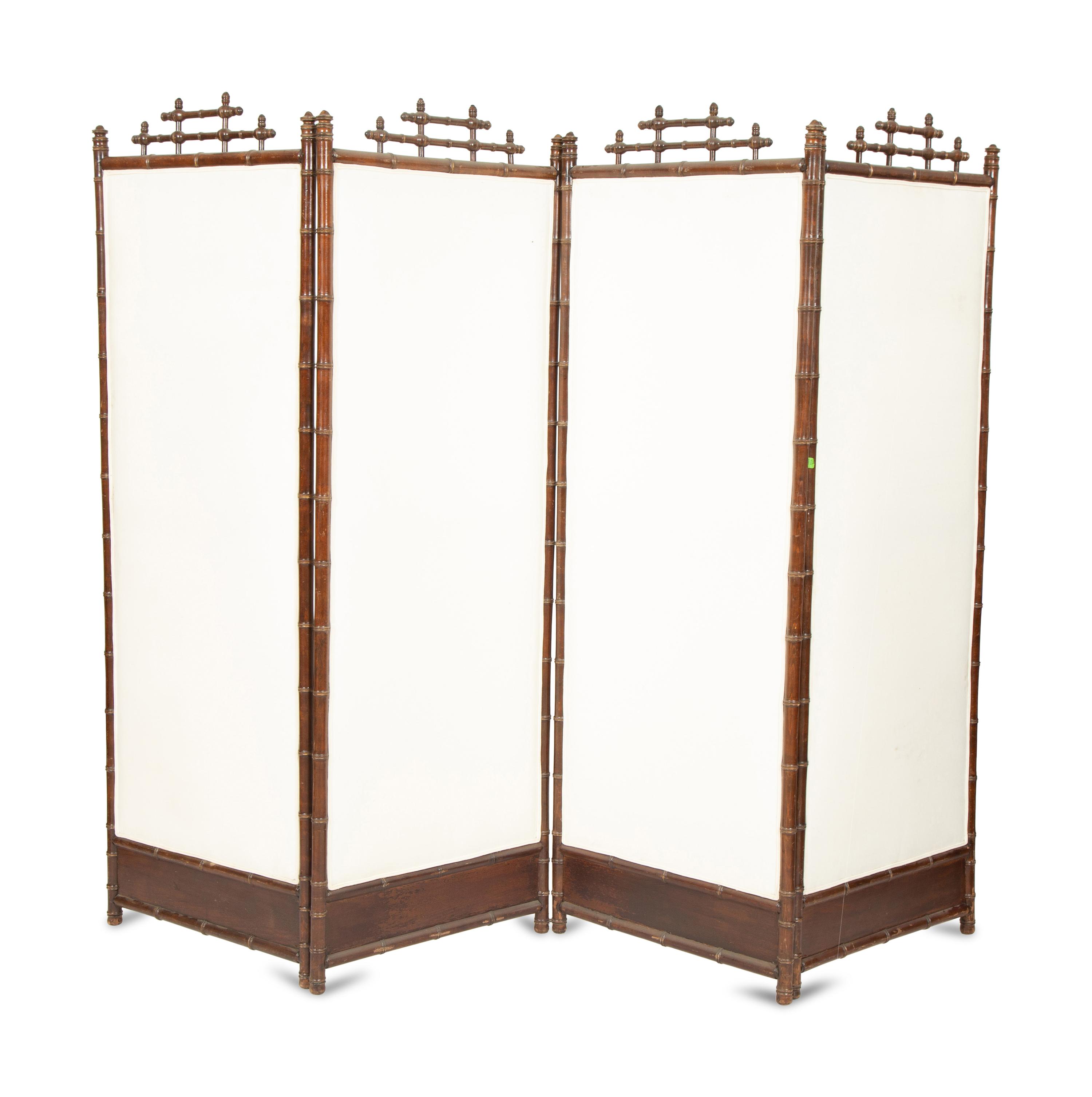 A Victorian Carved Mahogany and Parcel Gilt Faux-Bamboo Upholstered Four-Panel Screen