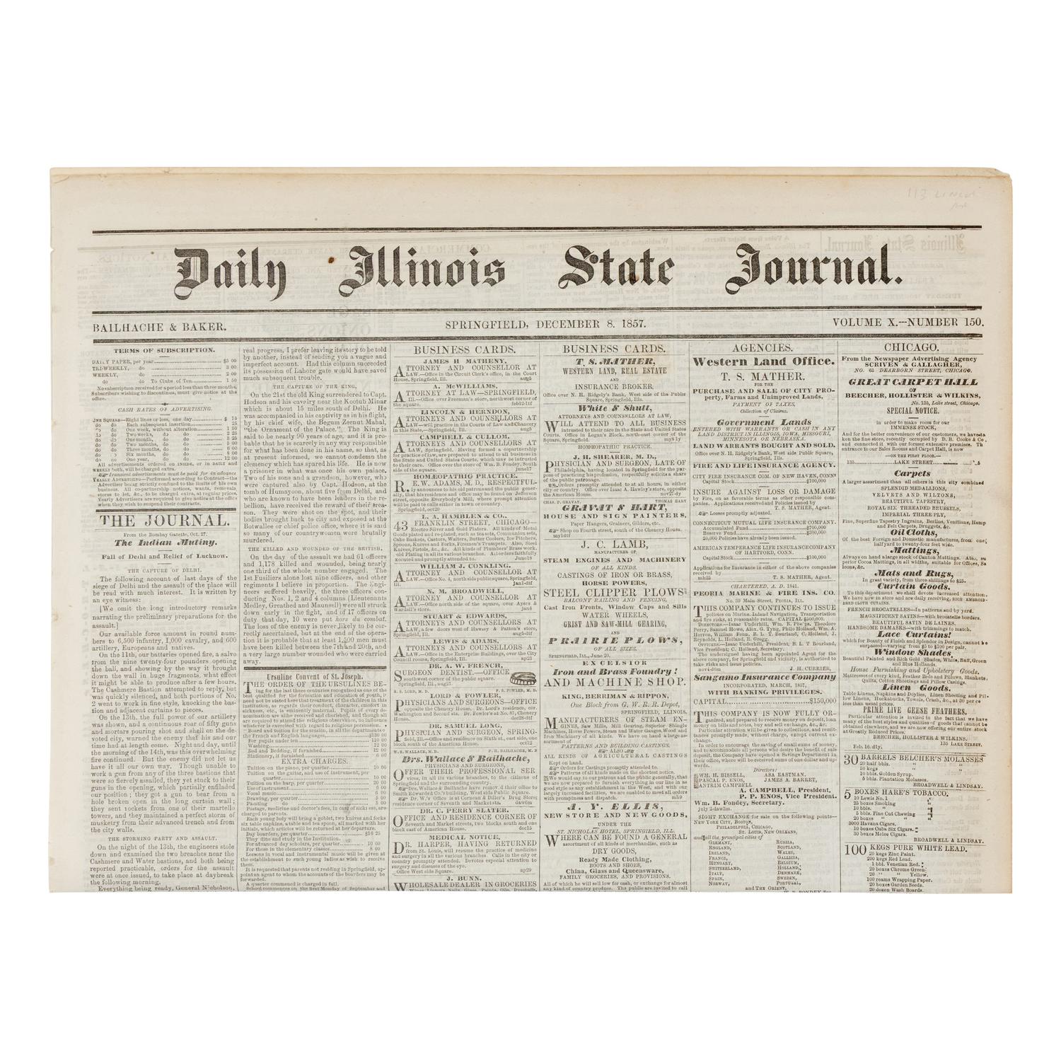 [LINCOLN, Abraham (1809-1865)]. Daily Illinois State Journal . Volume X, Number 150. Springfield, Illinois, 8 December 1857.