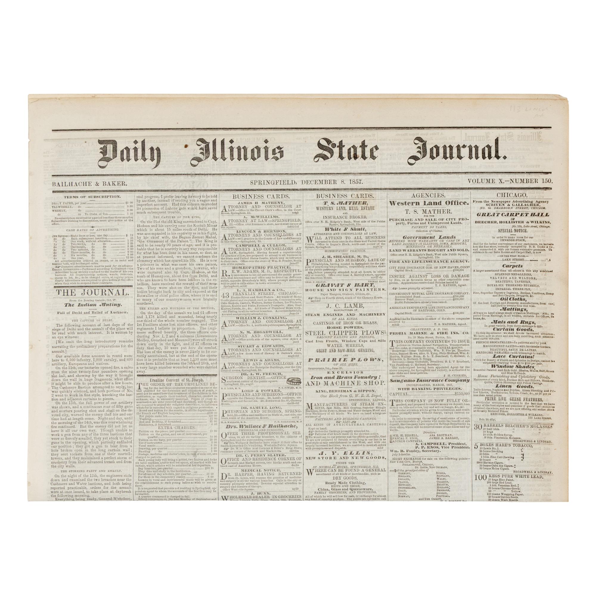 [LINCOLN, Abraham (1809-1865)]. Daily Illinois State Journal . Volume X, Number 150. Springfield, Illinois, 8 December 1857.