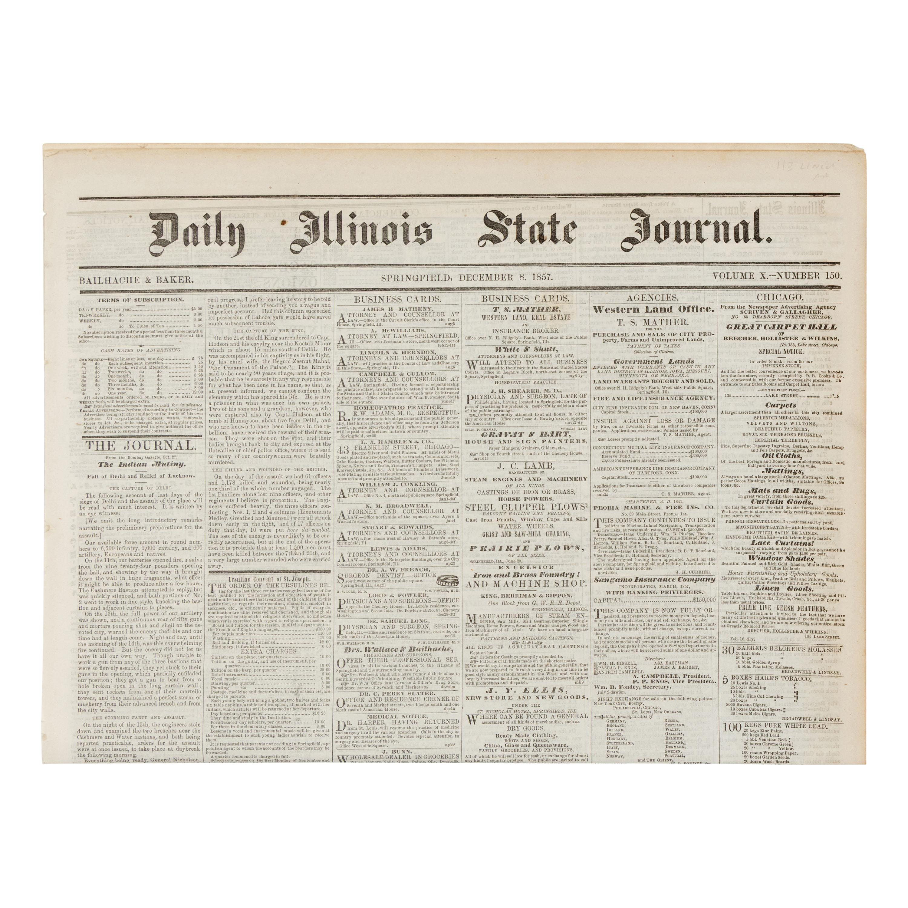 [LINCOLN, Abraham (1809-1865)]. Daily Illinois State Journal . Volume X, Number 150. Springfield, Illinois, 8 December 1857.