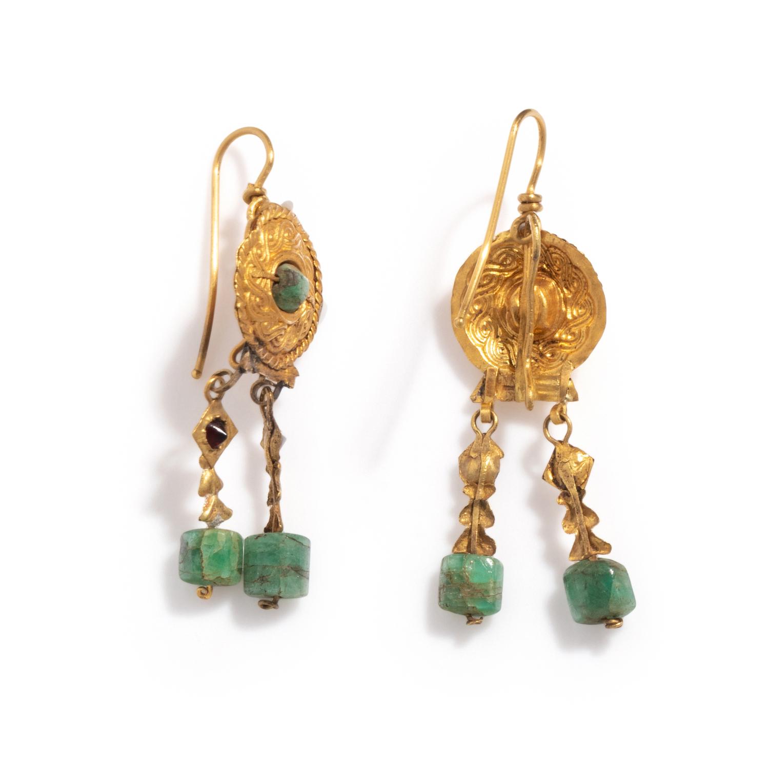 A Pair of Byzantine Gold, Garnet, and Emerald Earrings