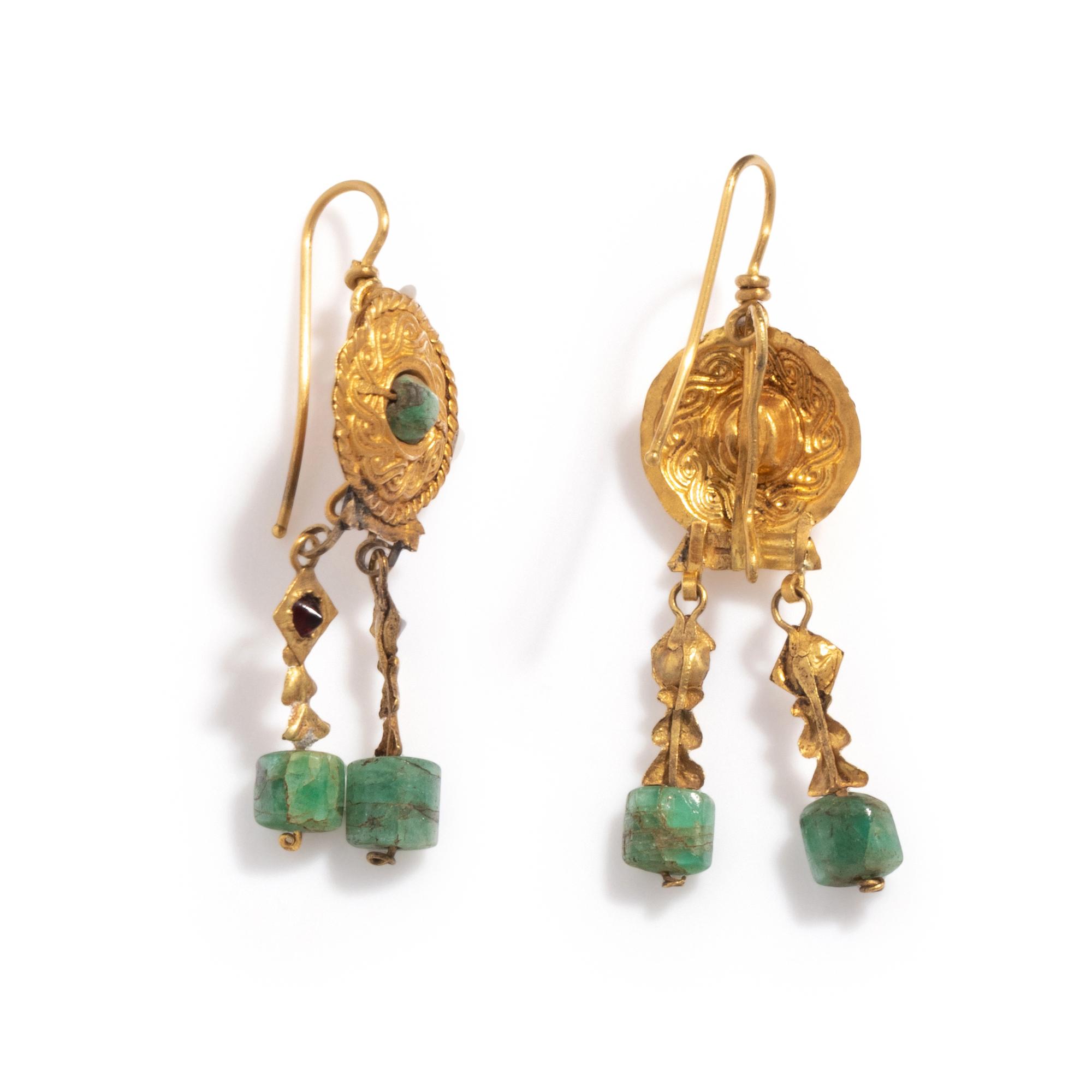 A Pair of Byzantine Gold, Garnet, and Emerald Earrings