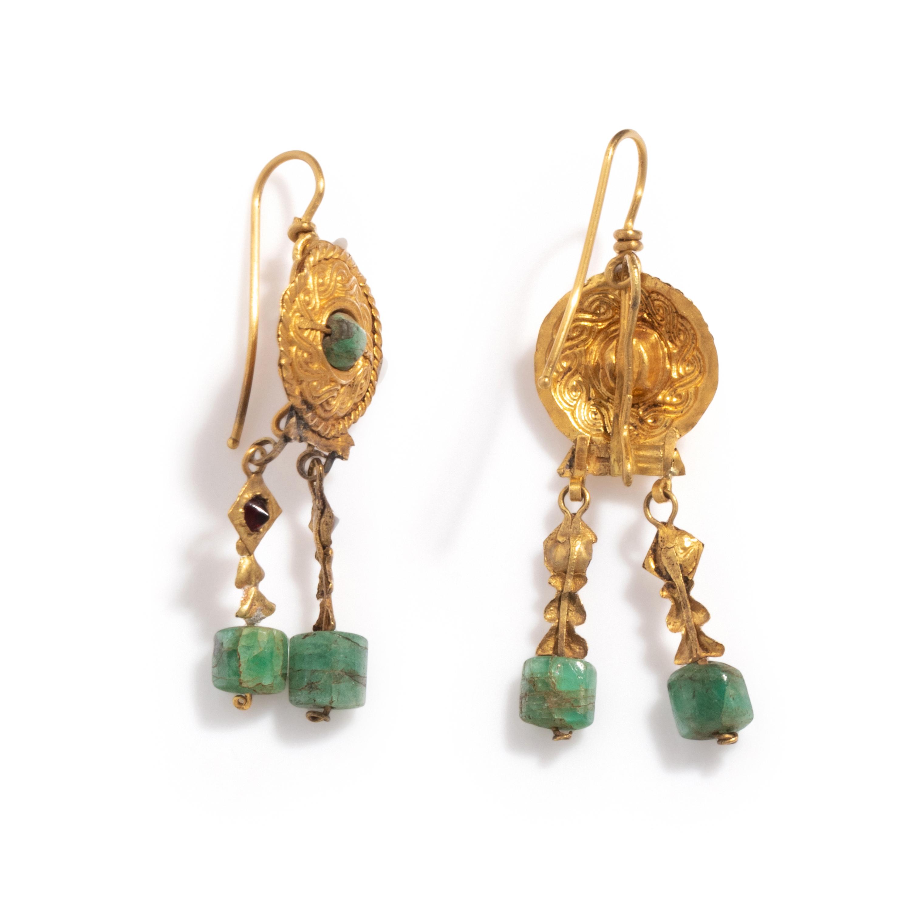 A Pair of Byzantine Gold, Garnet, and Emerald Earrings