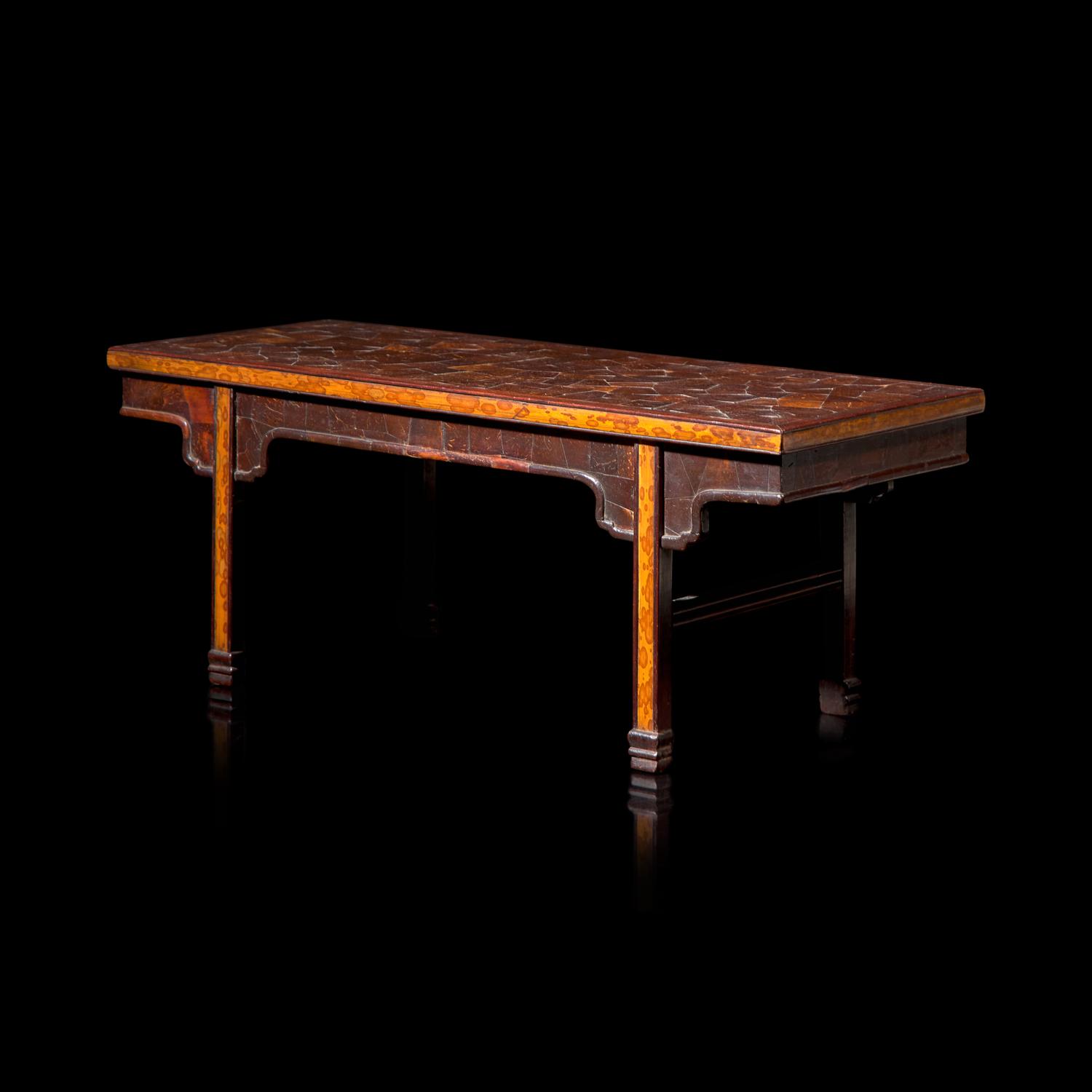 A Chinese Coconut Shell and Spotted Bamboo-Veneered Pingtou‘an Table-Form Stand 椰殼拼冰裂紋鑲斑竹小夾頭榫平頭案
