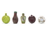 Four Chinese Snuff Bottles and One Small Snuff Dish