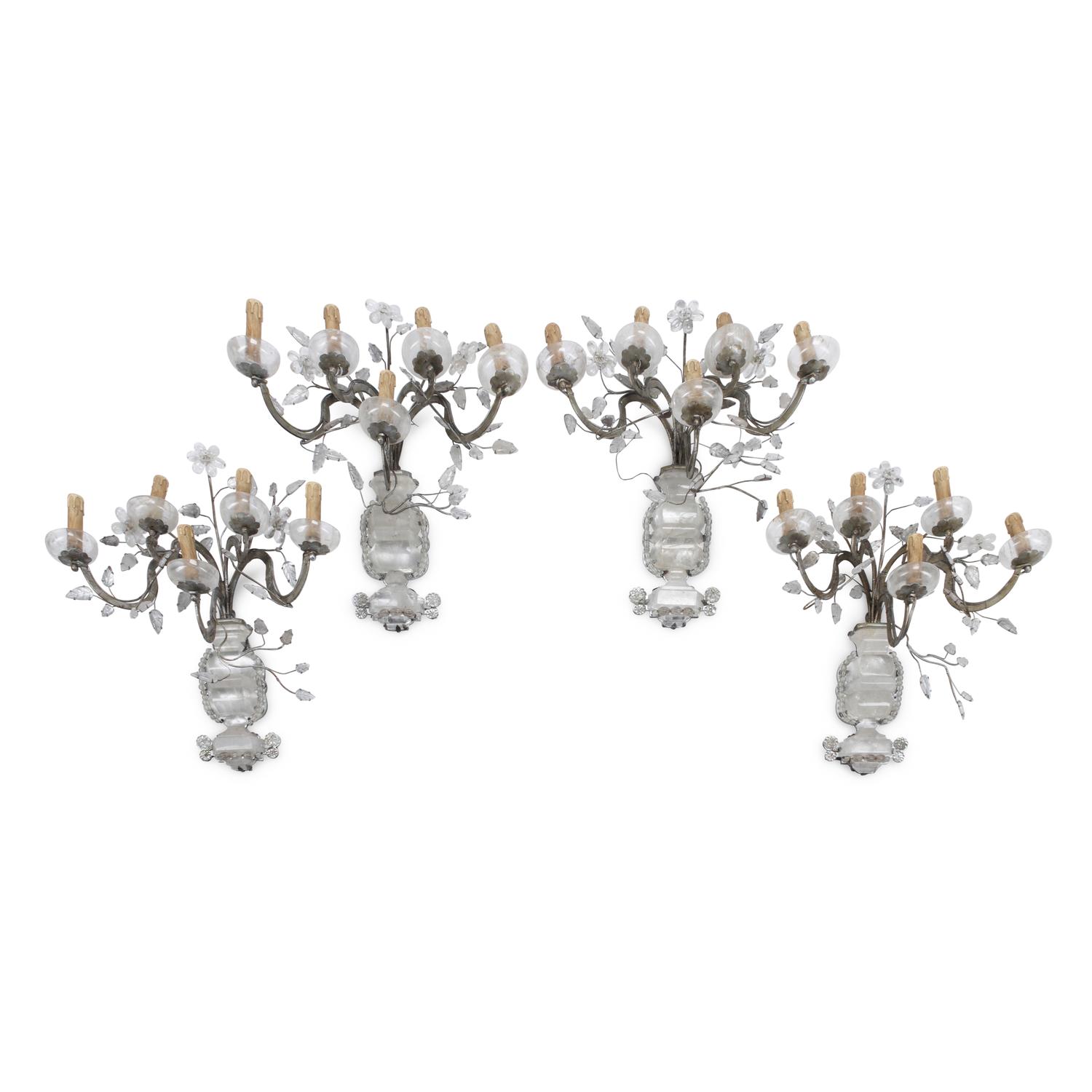 A Set of Four Silvered Metal and Rock Crystal Sconces