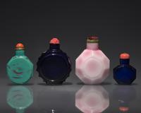 Four Chinese Faceted Glass Snuff Bottles, 18th/Early 19th Century and Later — 清中期及以後 料器磨棱鼻煙壺四支
