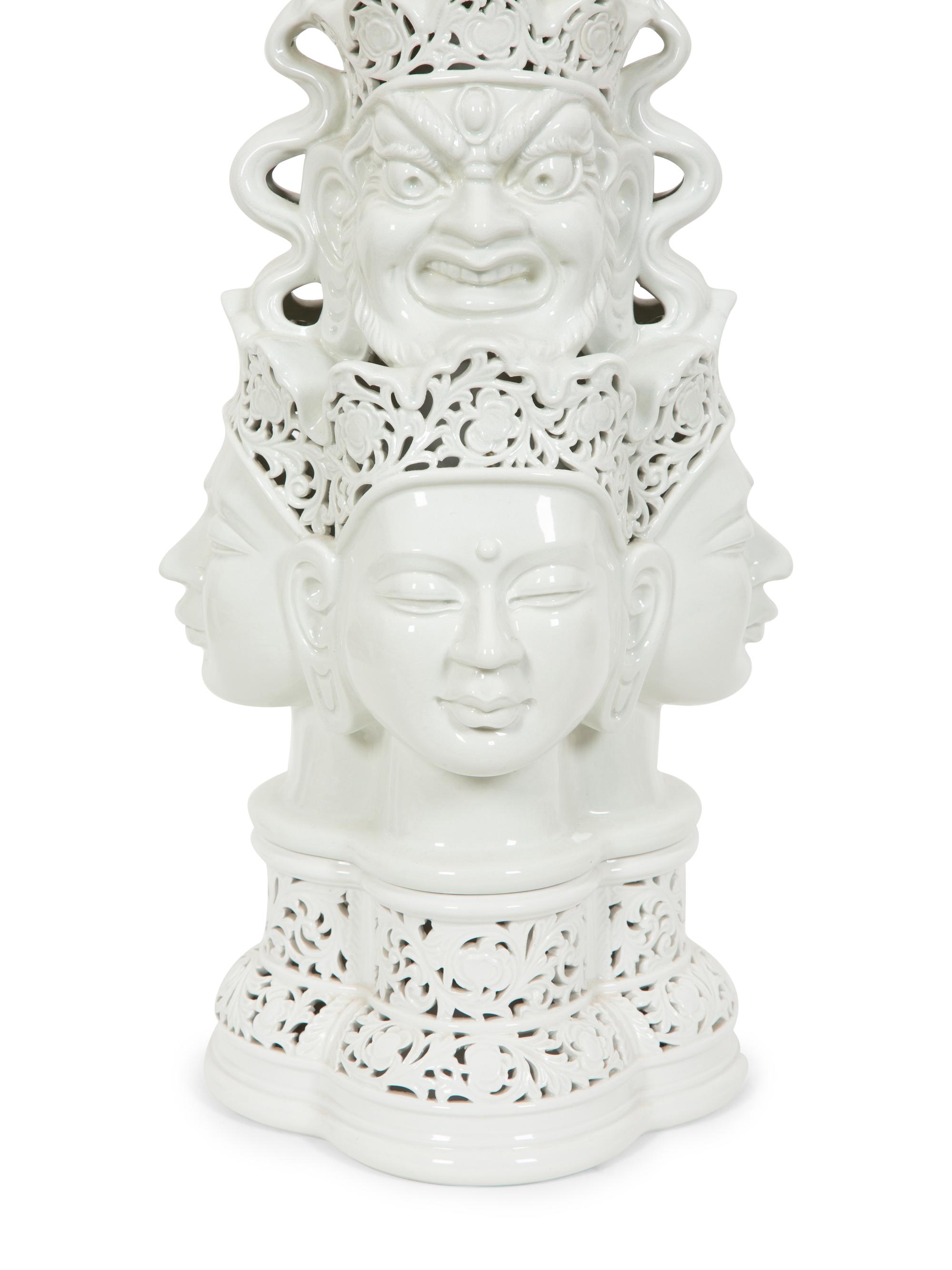 A Contemporary Blanc de Chine Porcelain Table Lamp with Mulit-Face Design