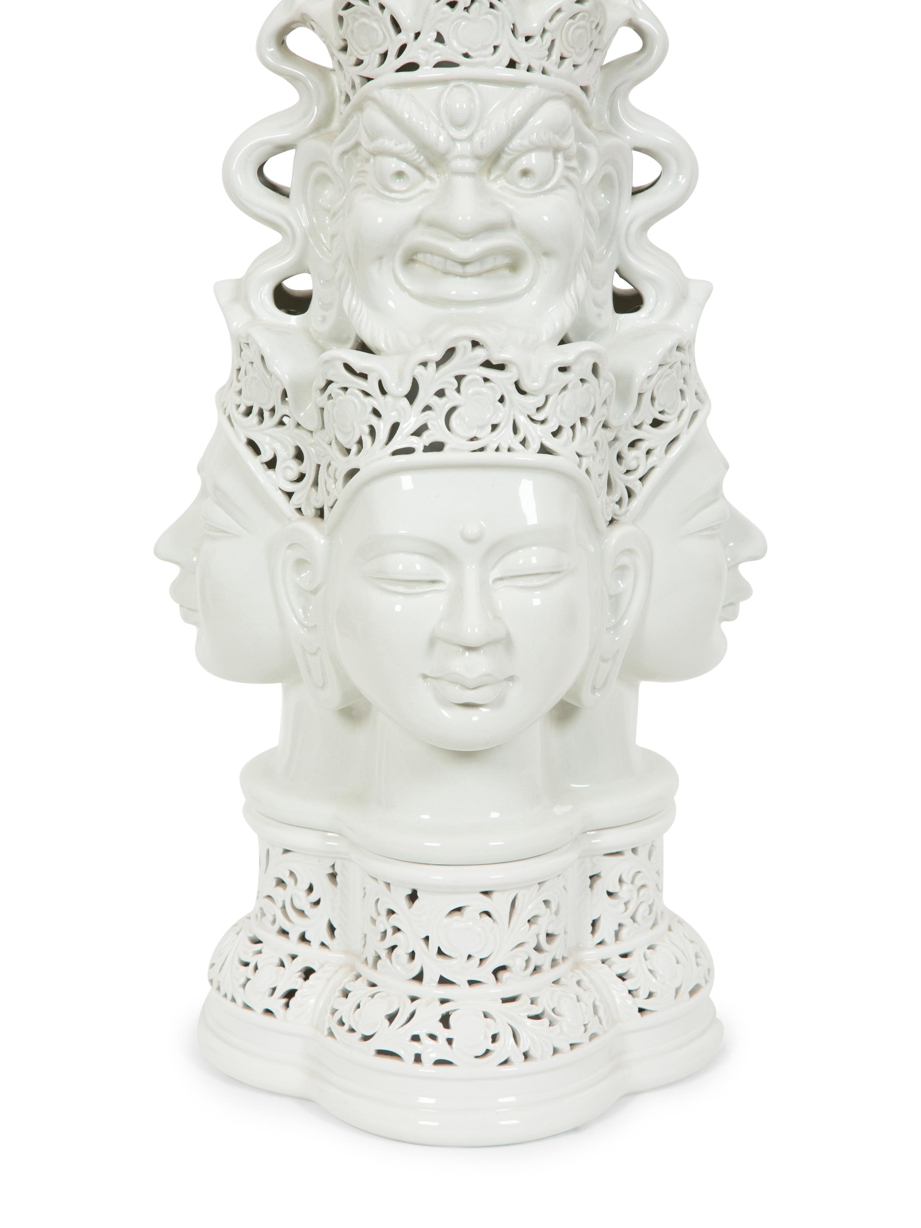 A Contemporary Blanc de Chine Porcelain Table Lamp with Mulit-Face Design