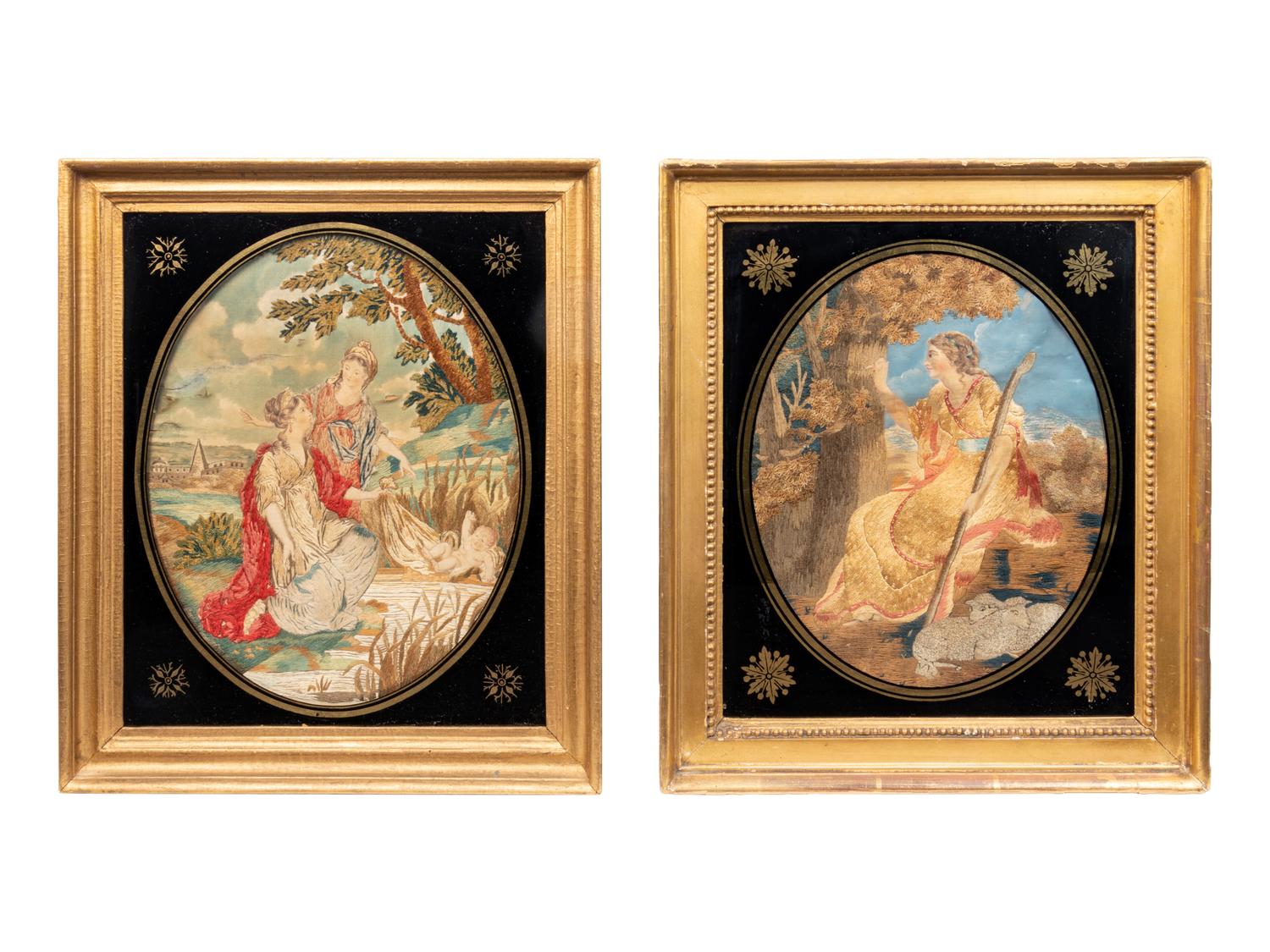 A Pair of English Silk Needlework and Watercolor Pictures