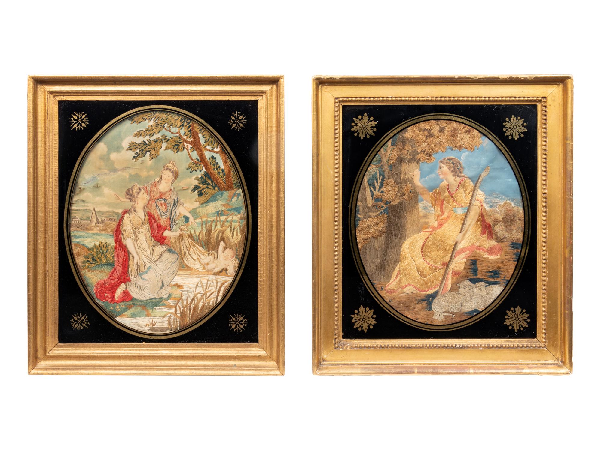 A Pair of English Silk Needlework and Watercolor Pictures