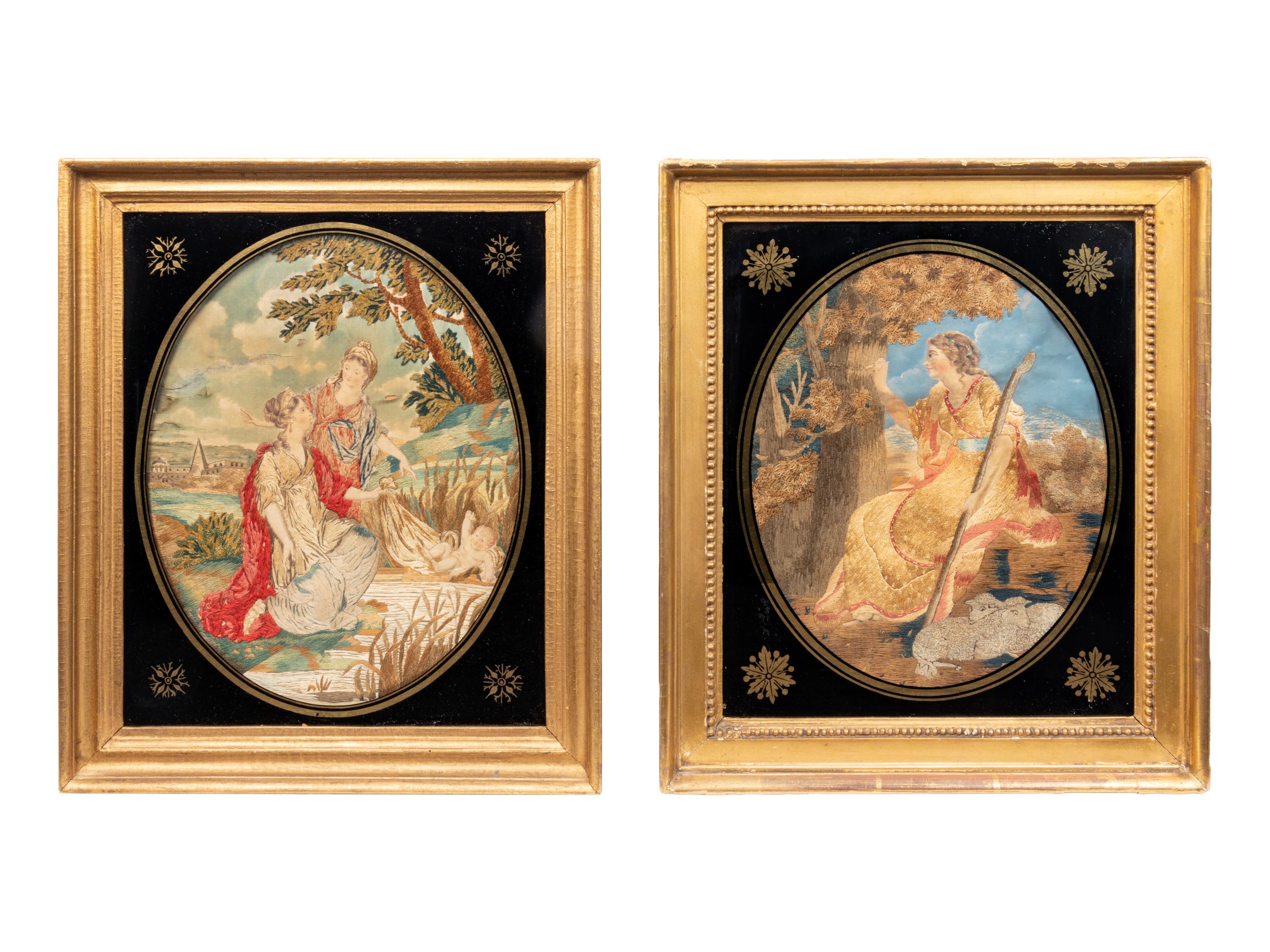 A Pair of English Silk Needlework and Watercolor Pictures