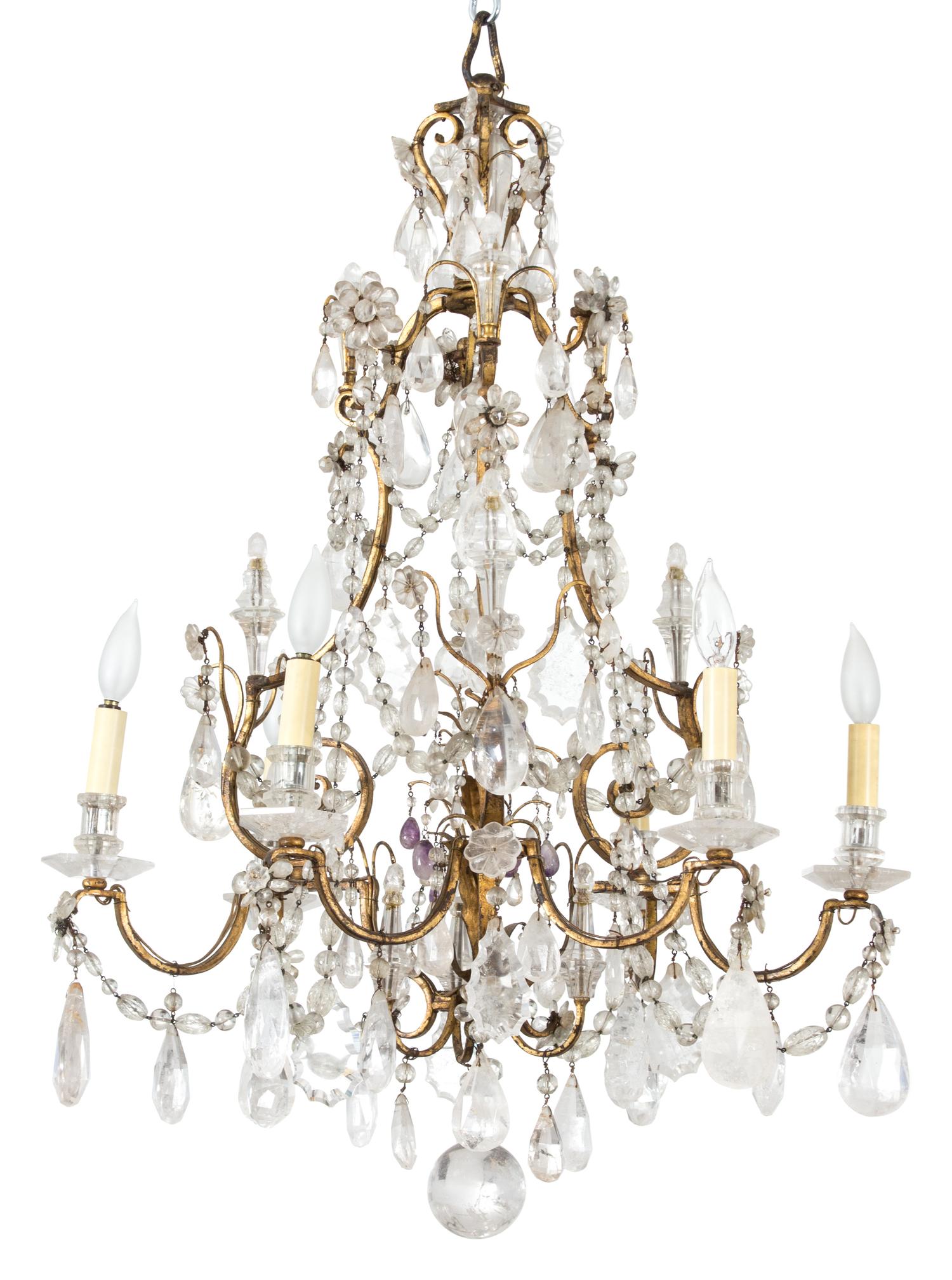 A Louis XV Style Gilt Bronze and Crystal Six Light Chandelier Height 34 x diameter 24 inches. — 19TH CENTURY