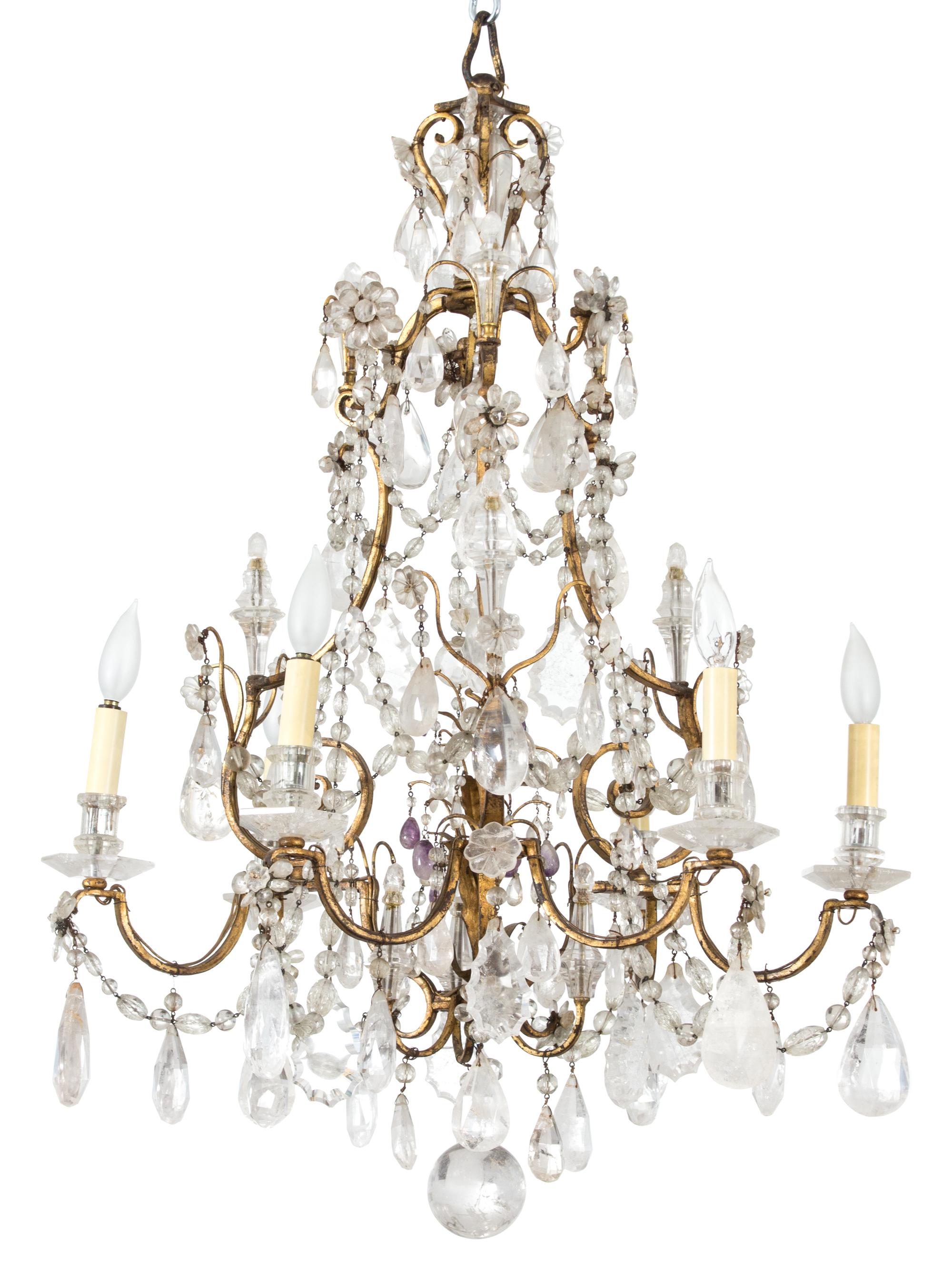 A Louis XV Style Gilt Bronze and Crystal Six Light Chandelier Height 34 x diameter 24 inches. — 19TH CENTURY