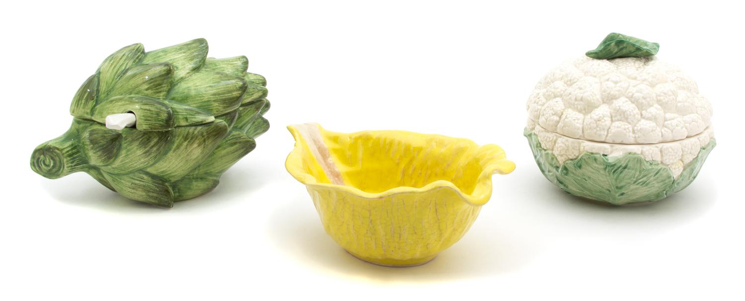 Three Glazed Ceramic Vegetable-Form Bowls Length of largest 6 3/4 inches. — 20TH CENTURY