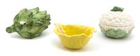 Three Glazed Ceramic Vegetable-Form Bowls Length of largest 6 3/4 inches. — 20TH CENTURY