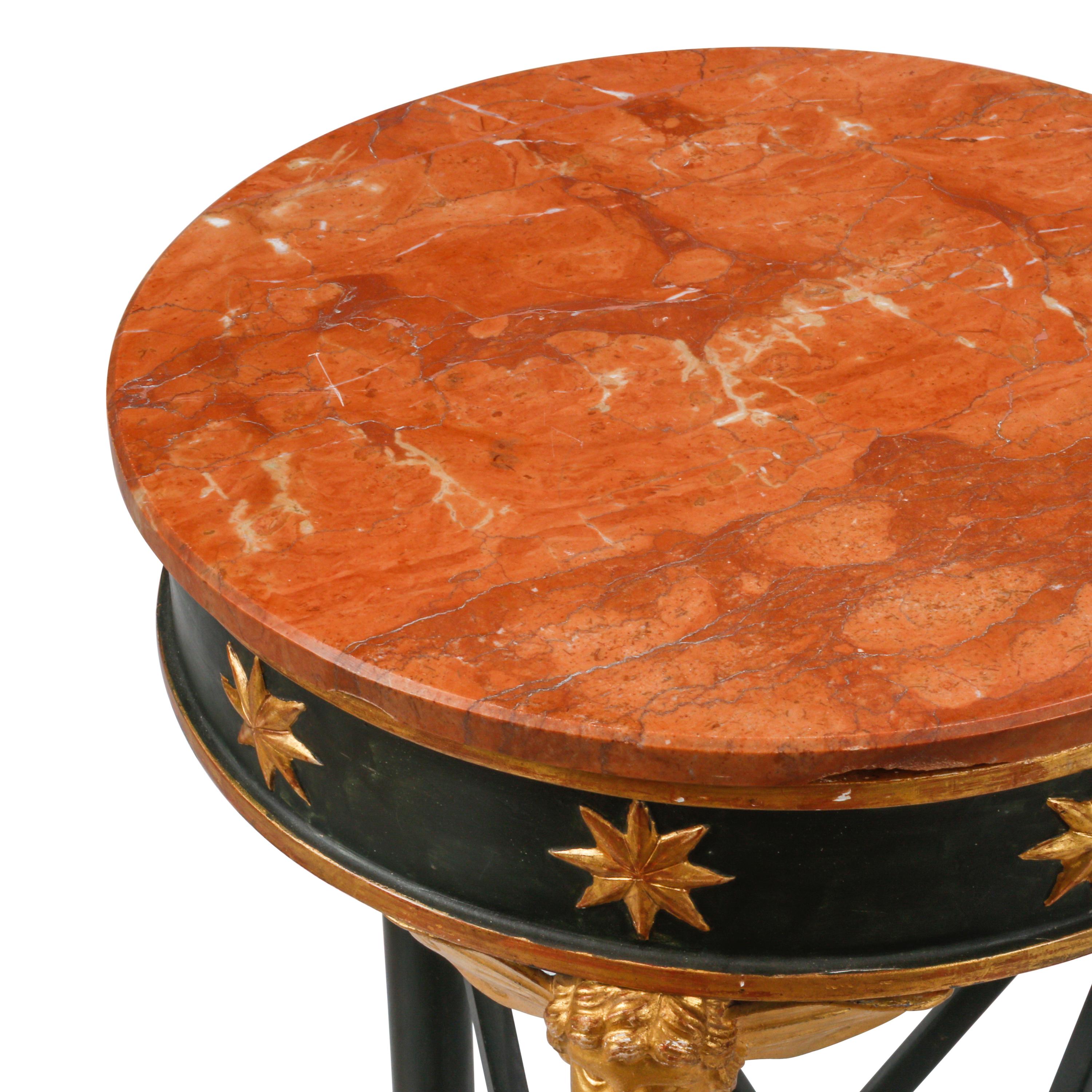 A Pair of Neoclassical Style Painted and Parcel Gilt Marble-Top Tables