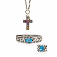 Effy, Sterling Silver and Multigem Bangle Bracelet, Ring, and Cross Pendant Necklace