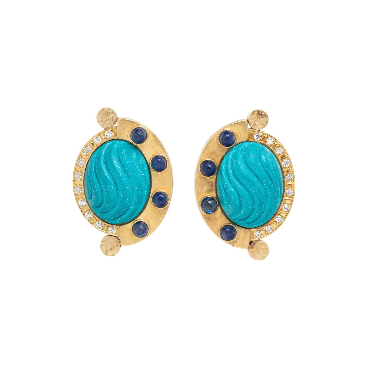 YELLOW GOLD, IMITATION TURQUOISE AND SAPPHIRE EARCLIPS
