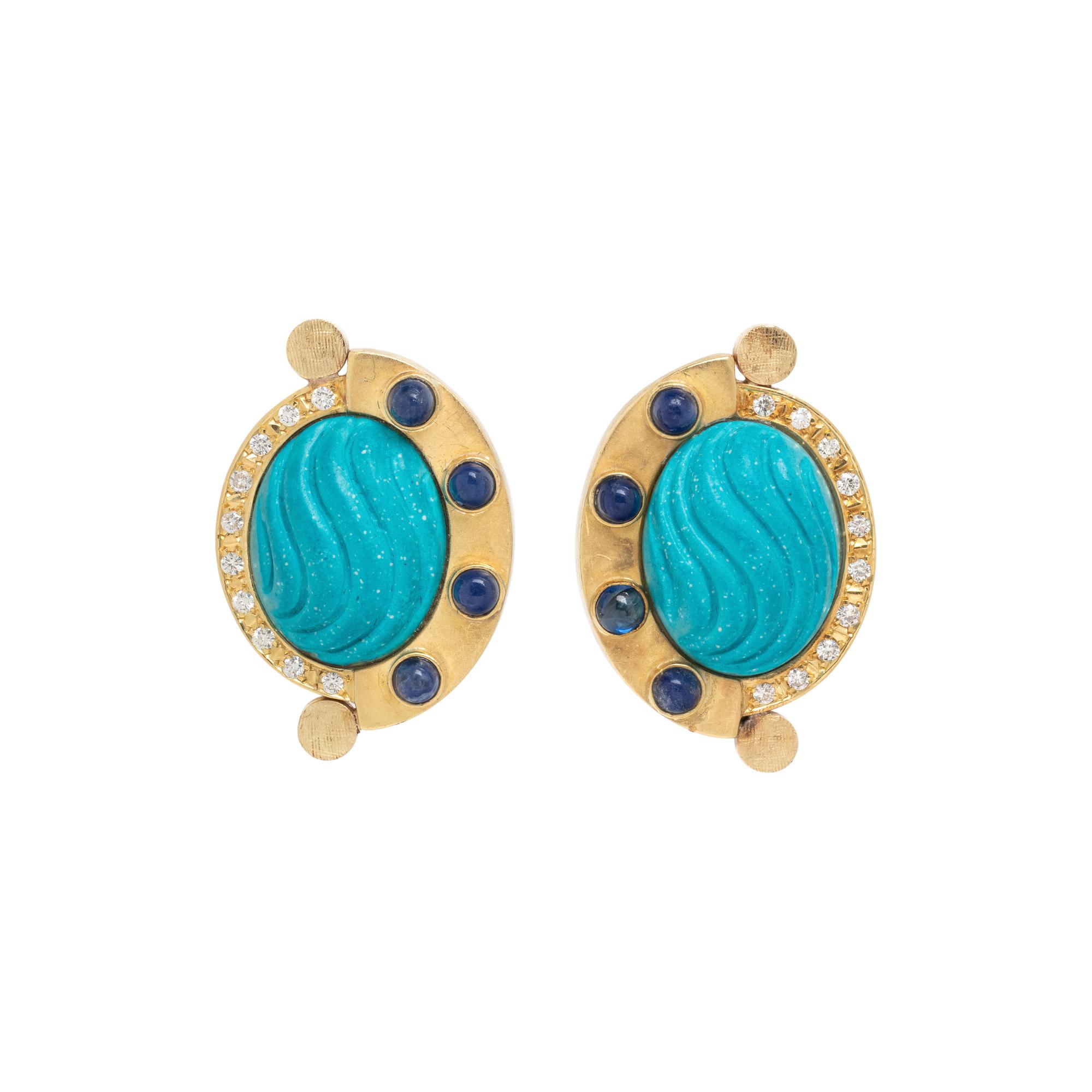YELLOW GOLD, IMITATION TURQUOISE AND SAPPHIRE EARCLIPS