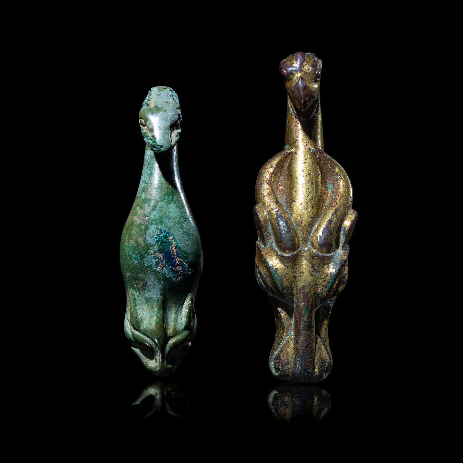 Two Chinese Bronze Garment Hooks, Warring States Period-Han Dynasty 戰國-漢 銅帶鉤兩件