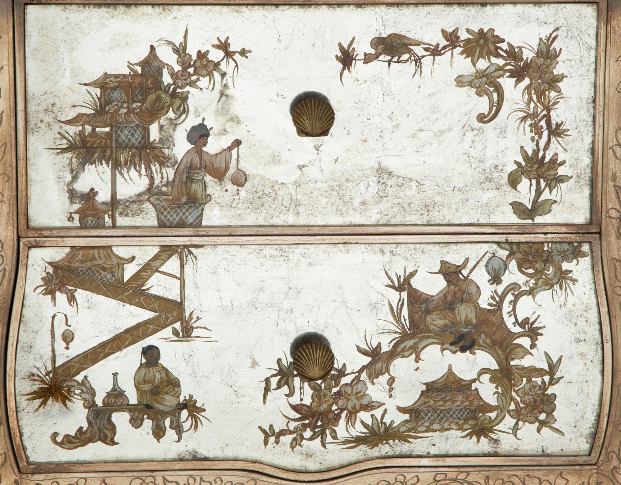 A Reverse Painted and Silver-Leafed Glass Veneered Commode