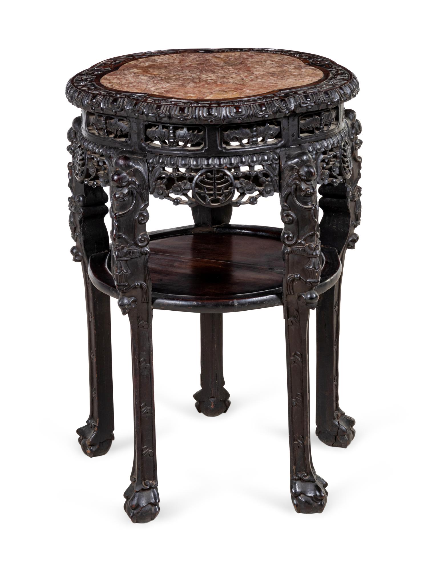 A Chinese Export Marble-Inset Hardwood Pedestal Table