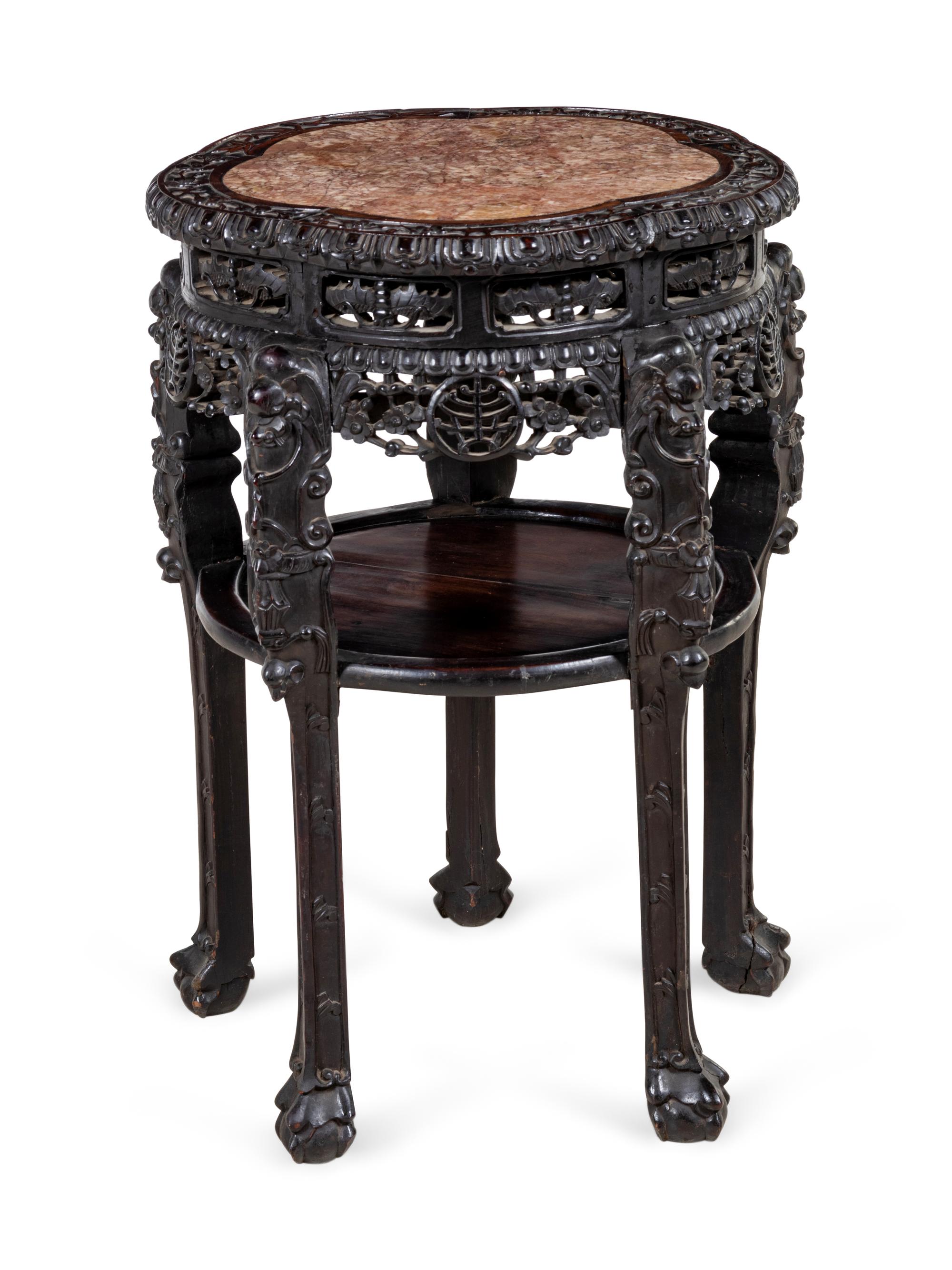A Chinese Export Marble-Inset Hardwood Pedestal Table