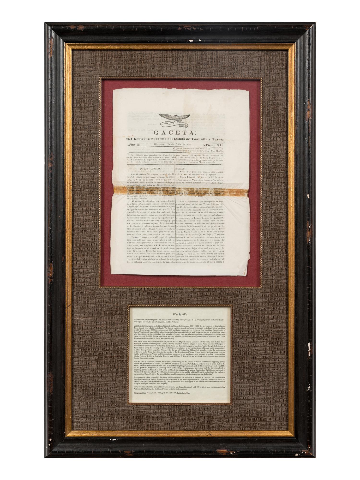 [TEXAS - EARLY NEWSPAPERS]. Gaceta, Del Gobierno Supremo del Estado de Coahuila y Texas . Volume 3, No. 97. [Monclova], 29 July 1835.