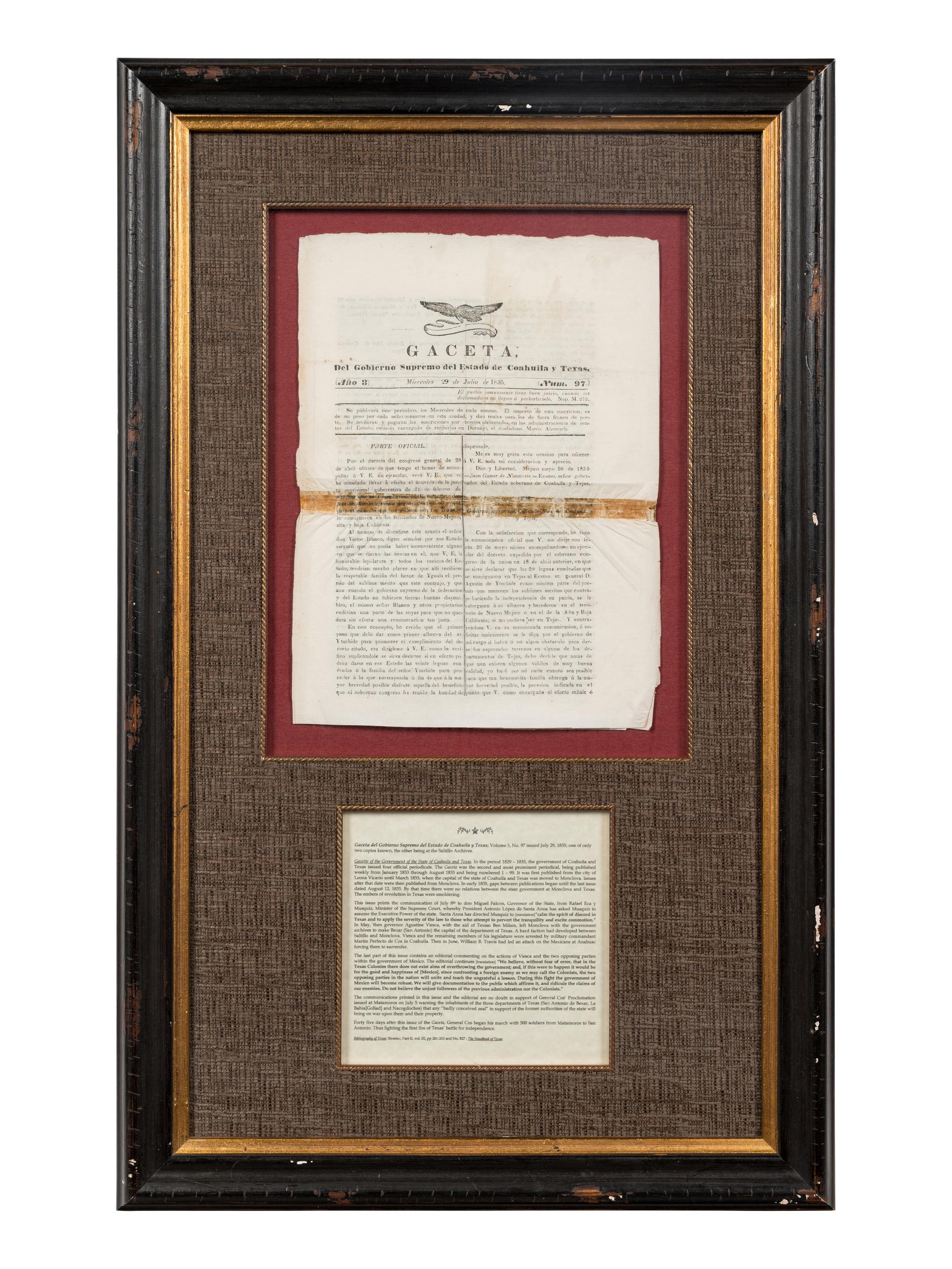 [TEXAS - EARLY NEWSPAPERS]. Gaceta, Del Gobierno Supremo del Estado de Coahuila y Texas . Volume 3, No. 97. [Monclova], 29 July 1835.