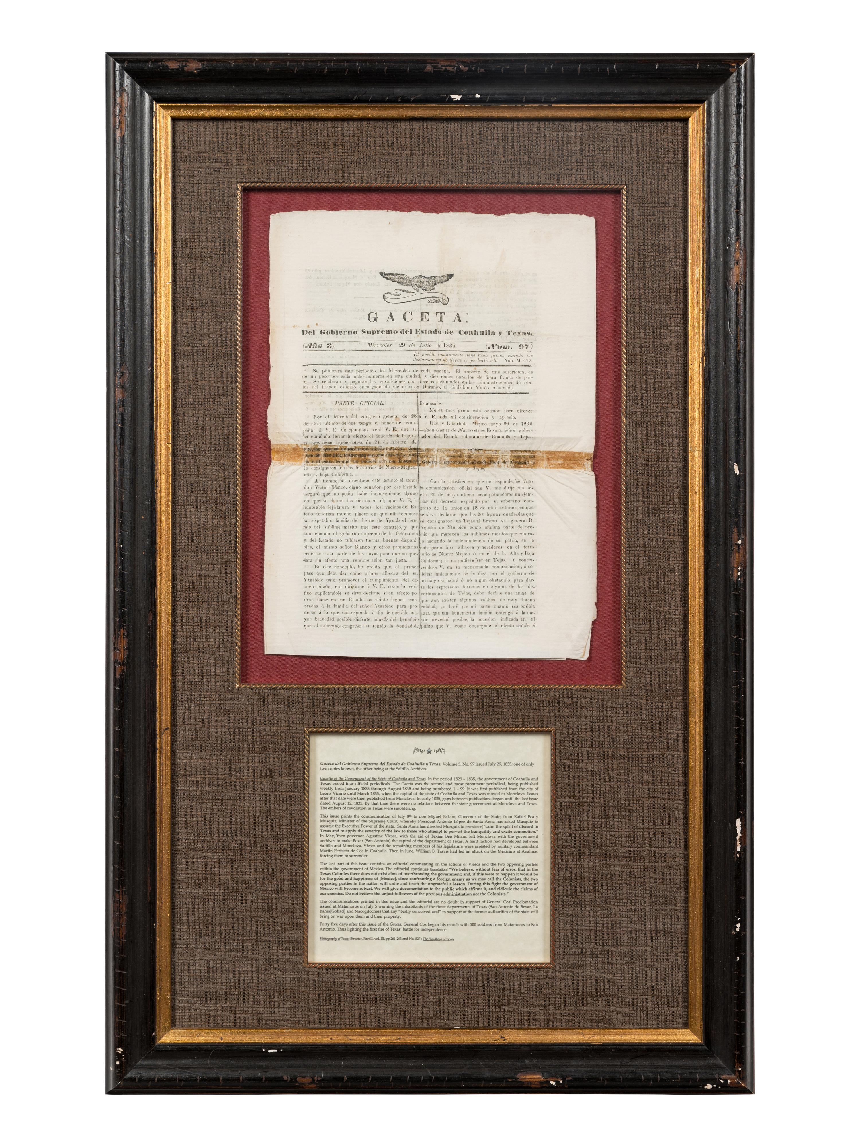 [TEXAS - EARLY NEWSPAPERS]. Gaceta, Del Gobierno Supremo del Estado de Coahuila y Texas . Volume 3, No. 97. [Monclova], 29 July 1835.