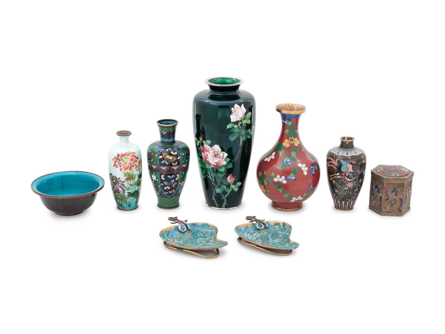 Nine Chinese and Japanese Cloisonné Enameled Articles