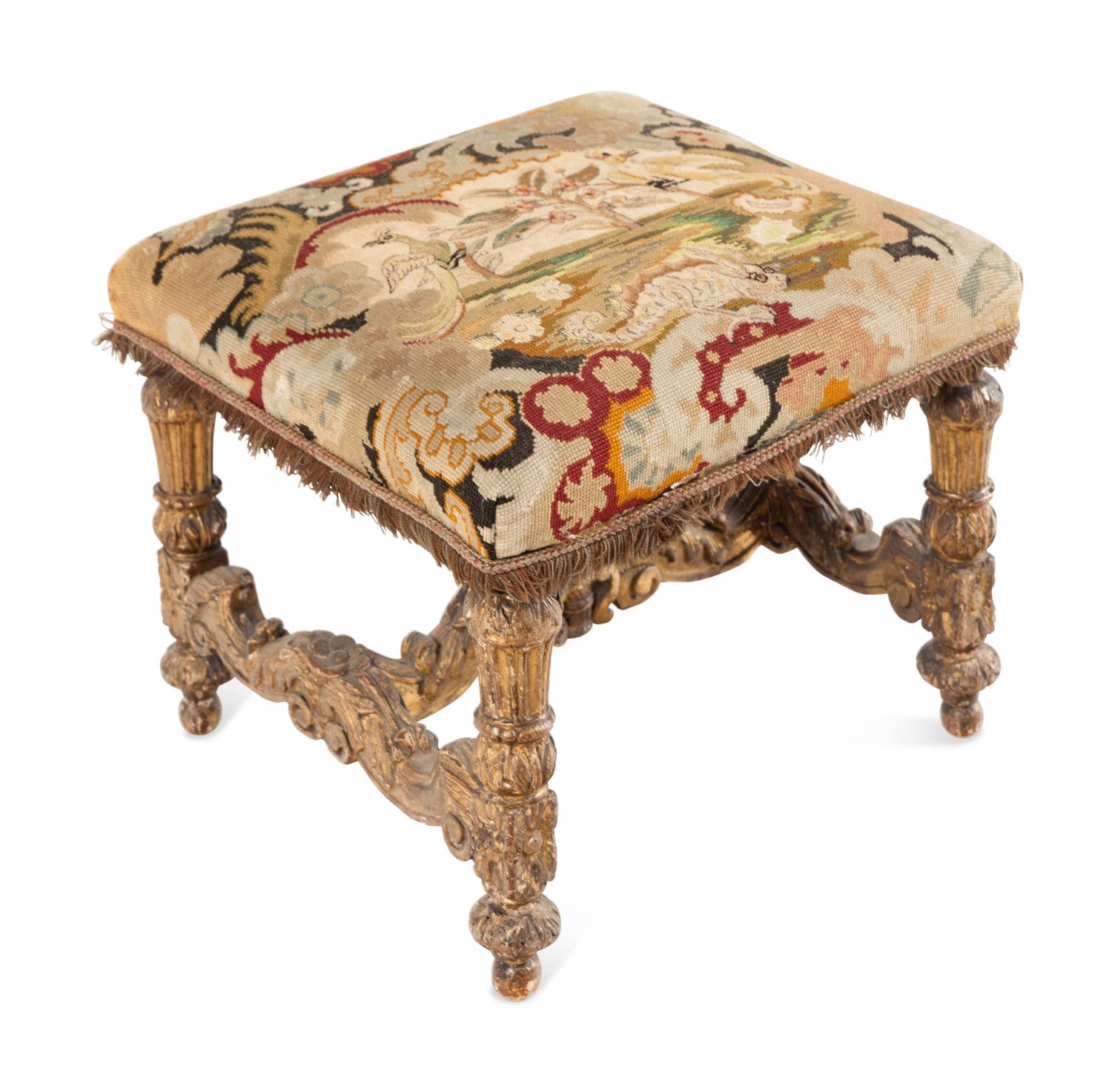 A Giltwood Stool with Needlepoint Upholstery