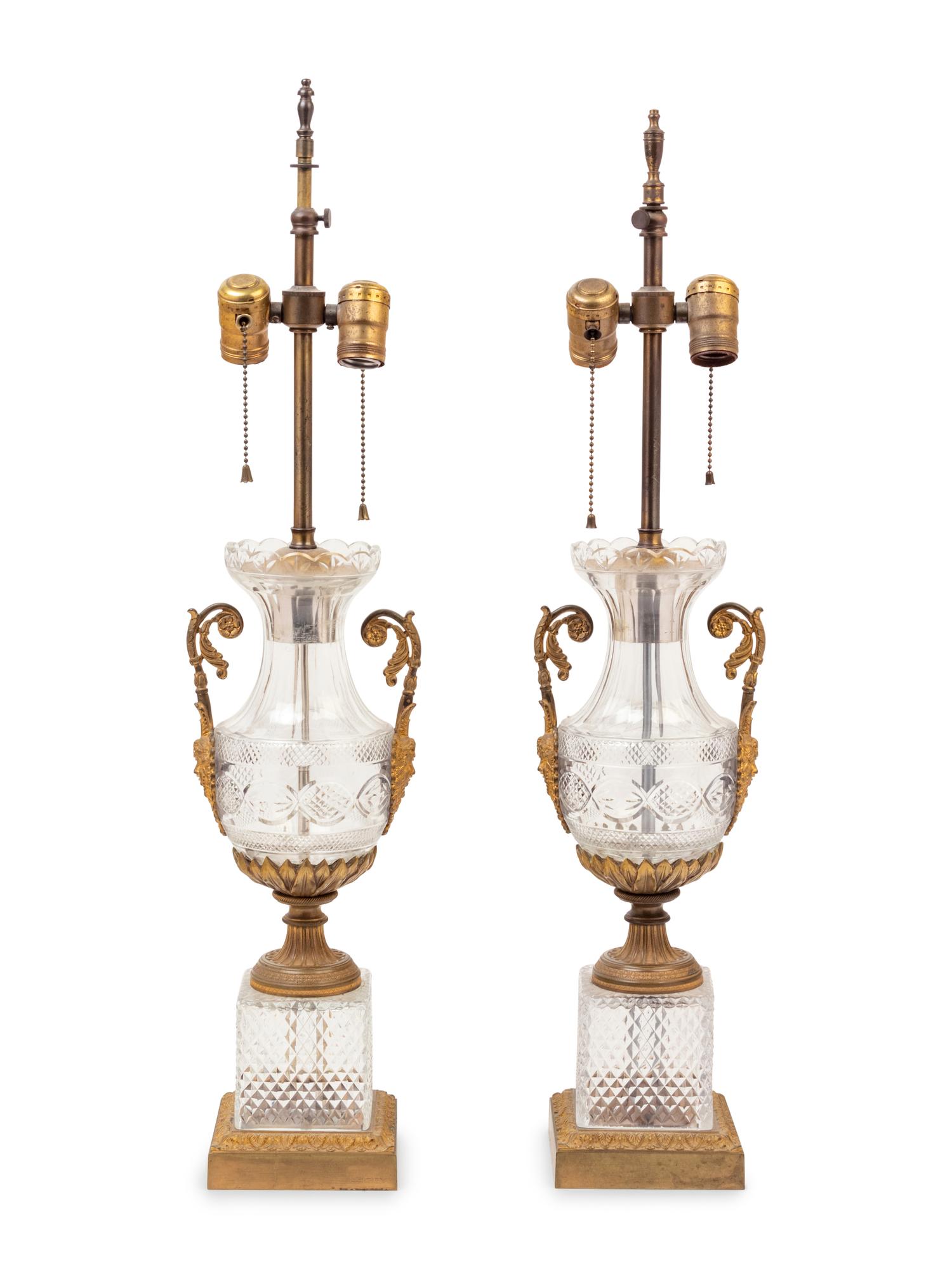 A Pair of French Gilt Bronze Mounted Cut Glass Lamps