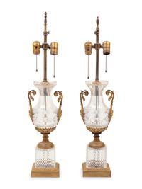 A Pair of French Gilt Bronze Mounted Cut Glass Lamps