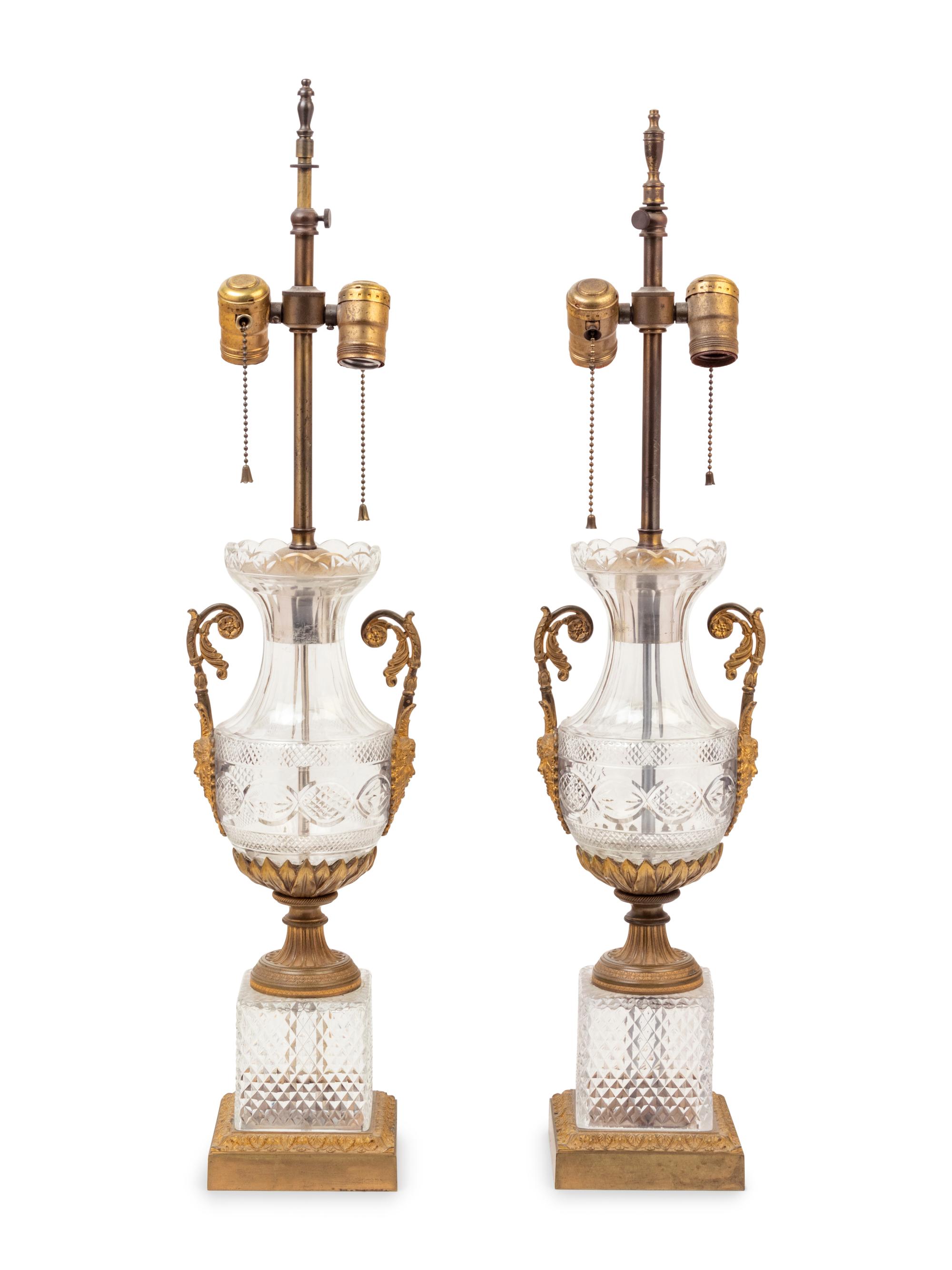 A Pair of French Gilt Bronze Mounted Cut Glass Lamps