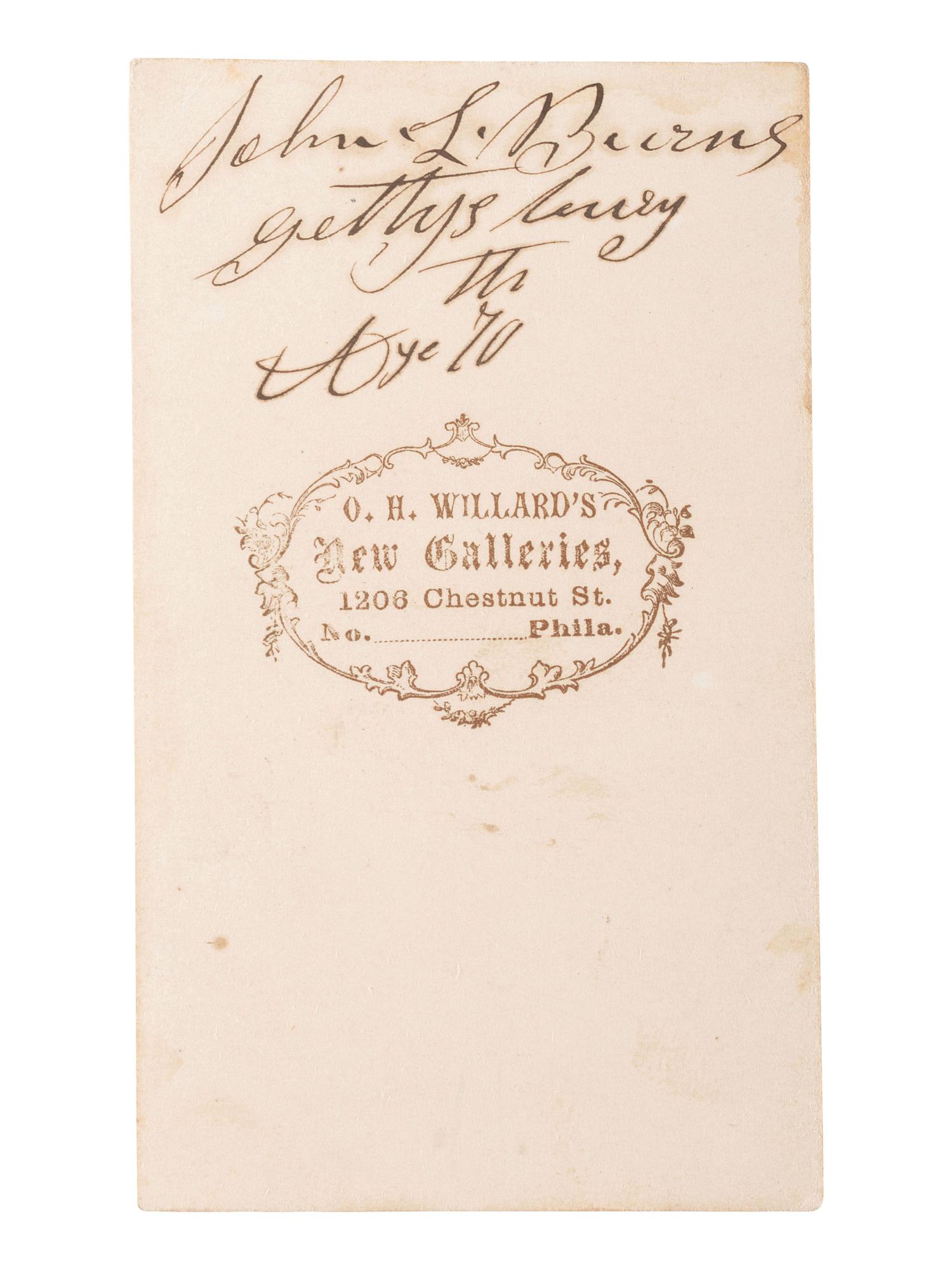 [CIVIL WAR]. BURNS, John L. (1793-1872). Autographed CDV. Philadelphia: O.H. Willard's New Galleries, n.d. [ca 1863].