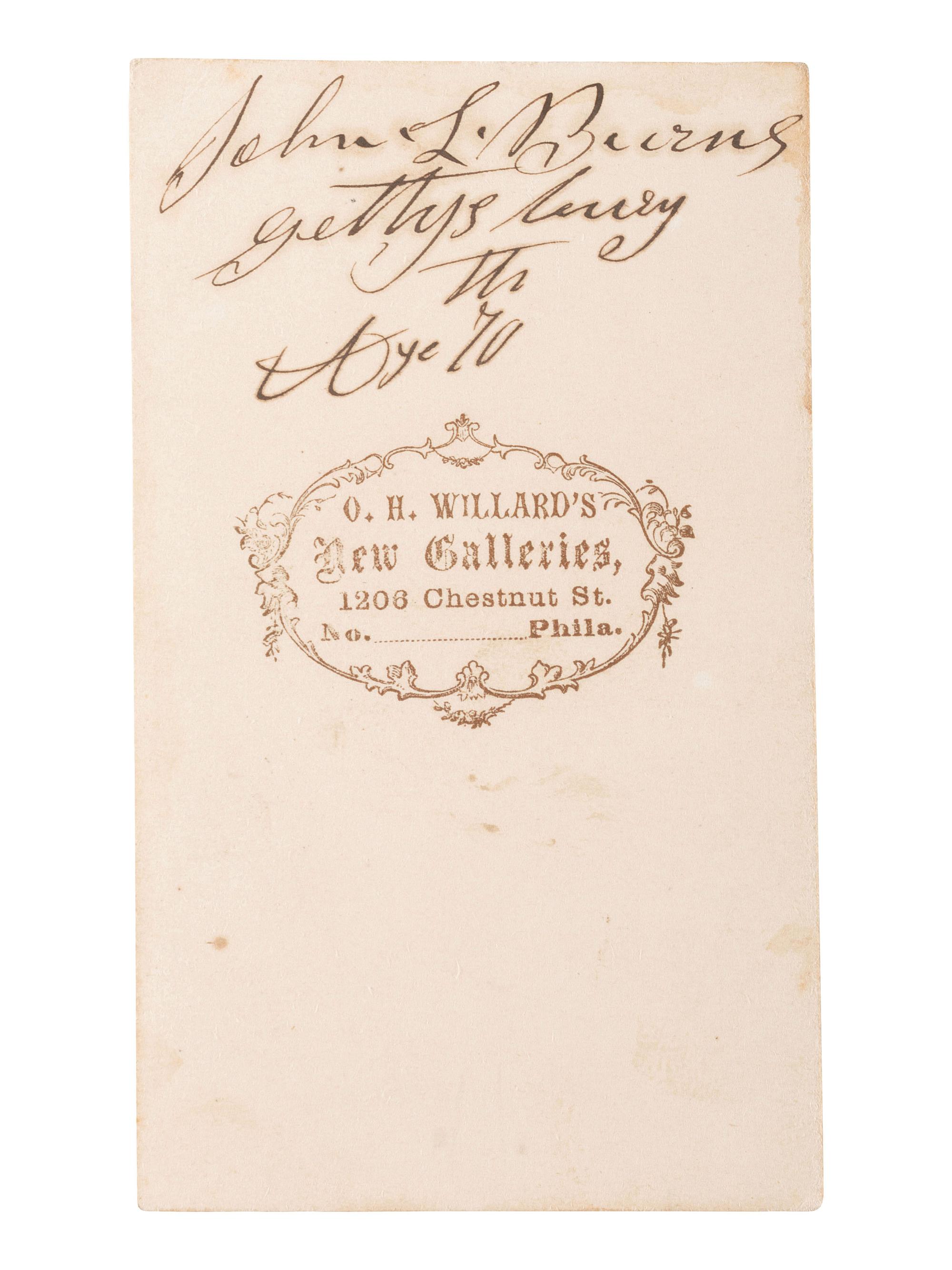 [CIVIL WAR]. BURNS, John L. (1793-1872). Autographed CDV. Philadelphia: O.H. Willard's New Galleries, n.d. [ca 1863].