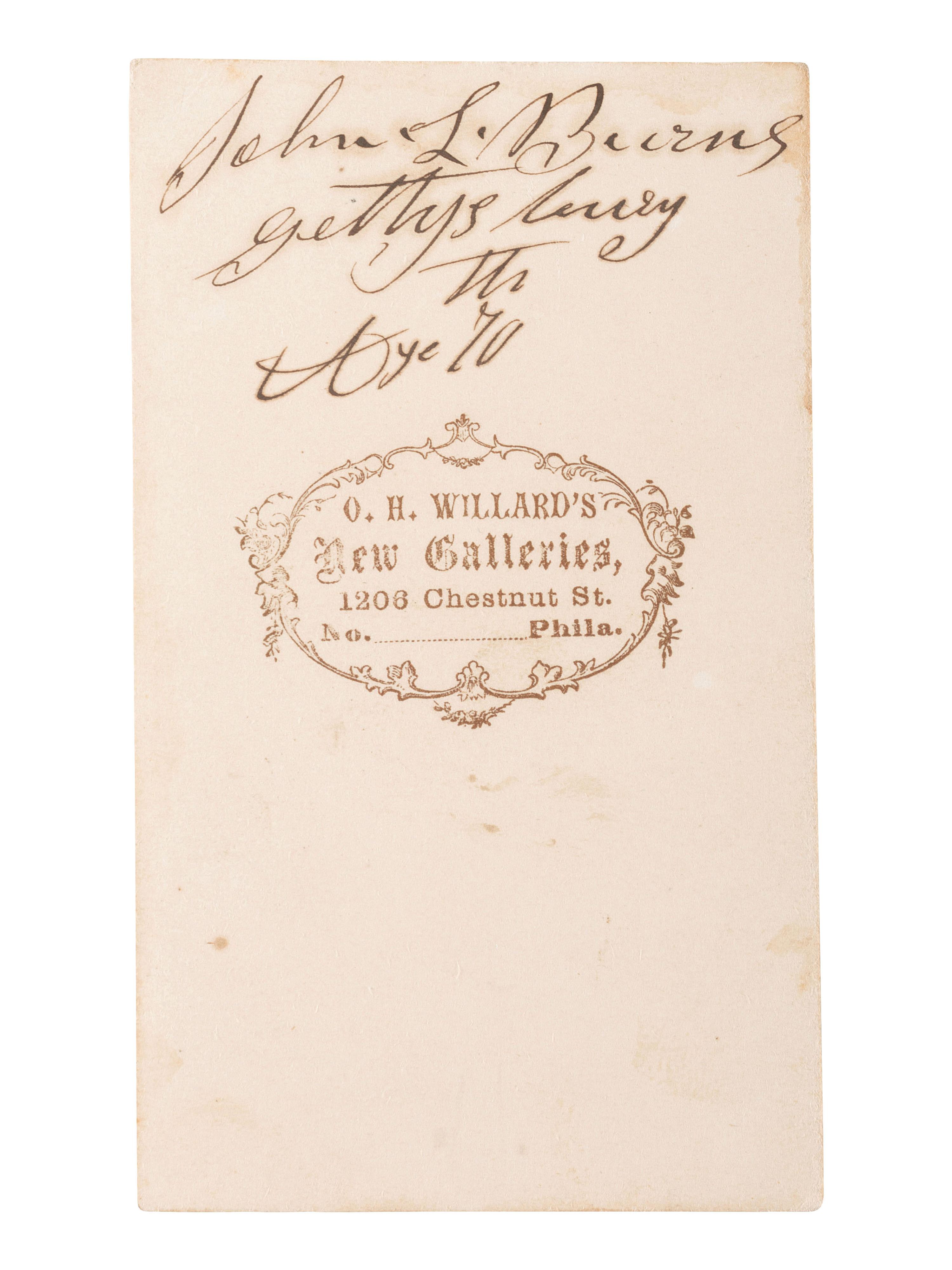 [CIVIL WAR]. BURNS, John L. (1793-1872). Autographed CDV. Philadelphia: O.H. Willard's New Galleries, n.d. [ca 1863].