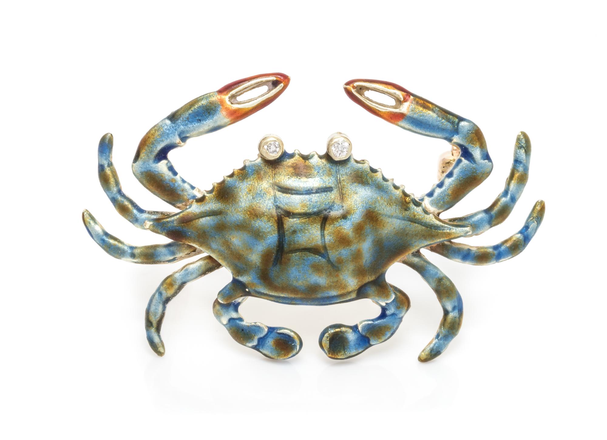 A 14 Karat Yellow Gold, Polychrome Enamel and Diamond Crab Brooch, 4.50 dwts.