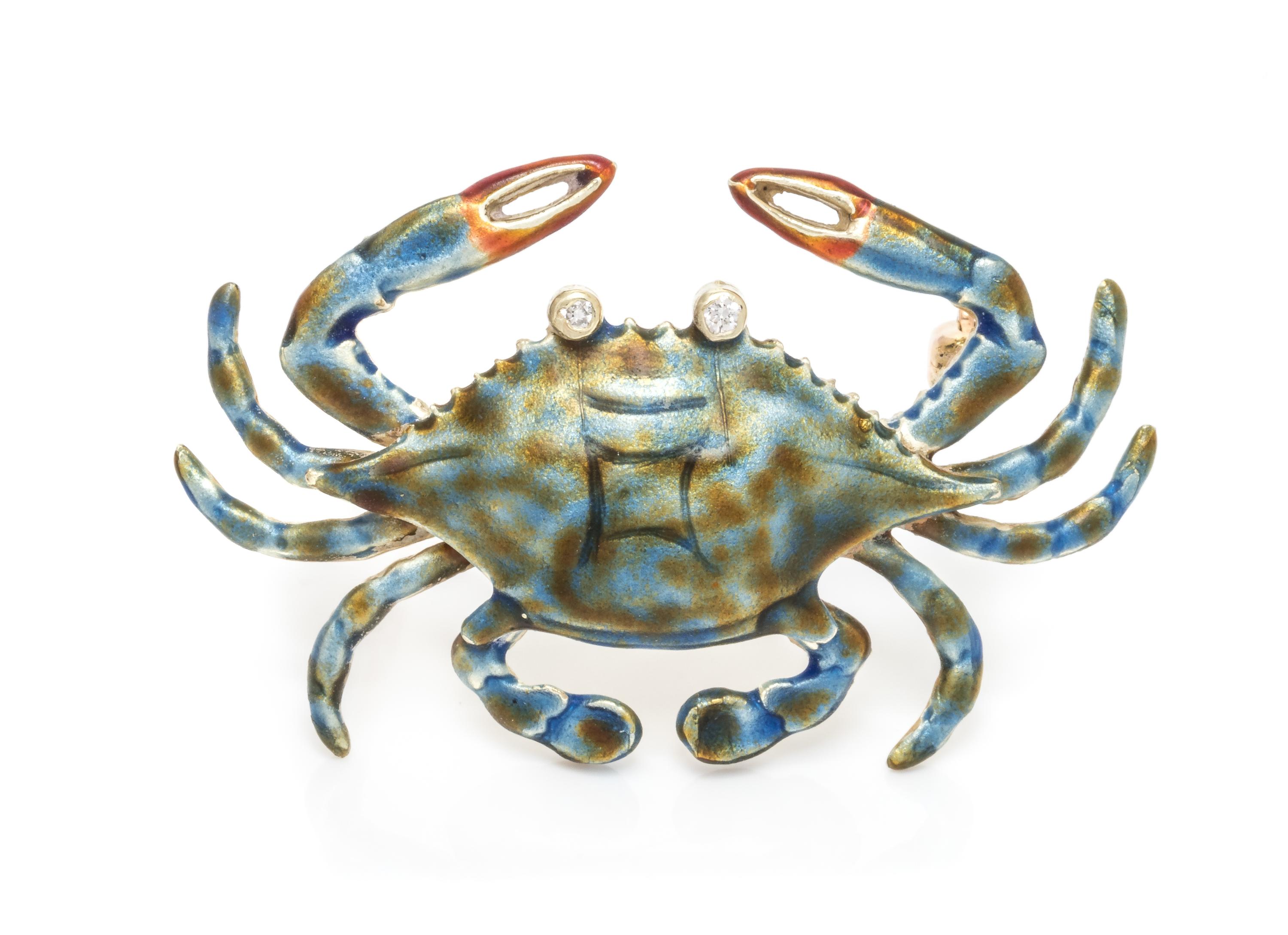 A 14 Karat Yellow Gold, Polychrome Enamel and Diamond Crab Brooch, 4.50 dwts.