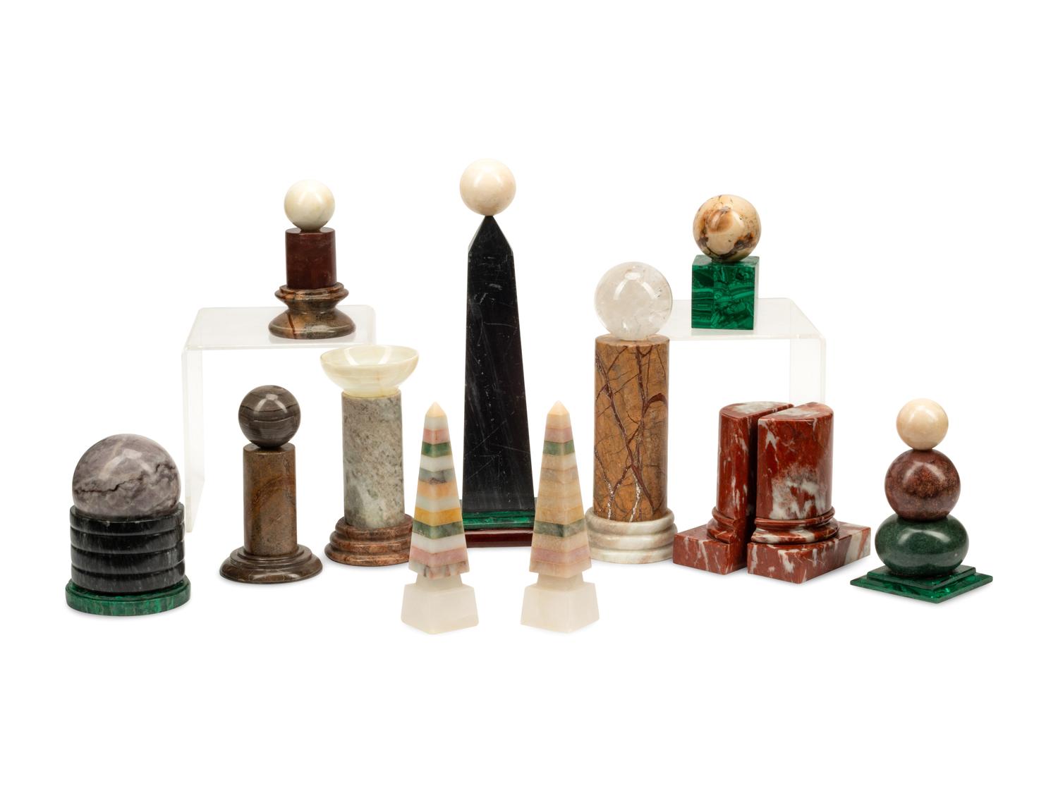 A Collection of Grand Tour Style Marble, Malachite and Rock Crystal Table Ornaments