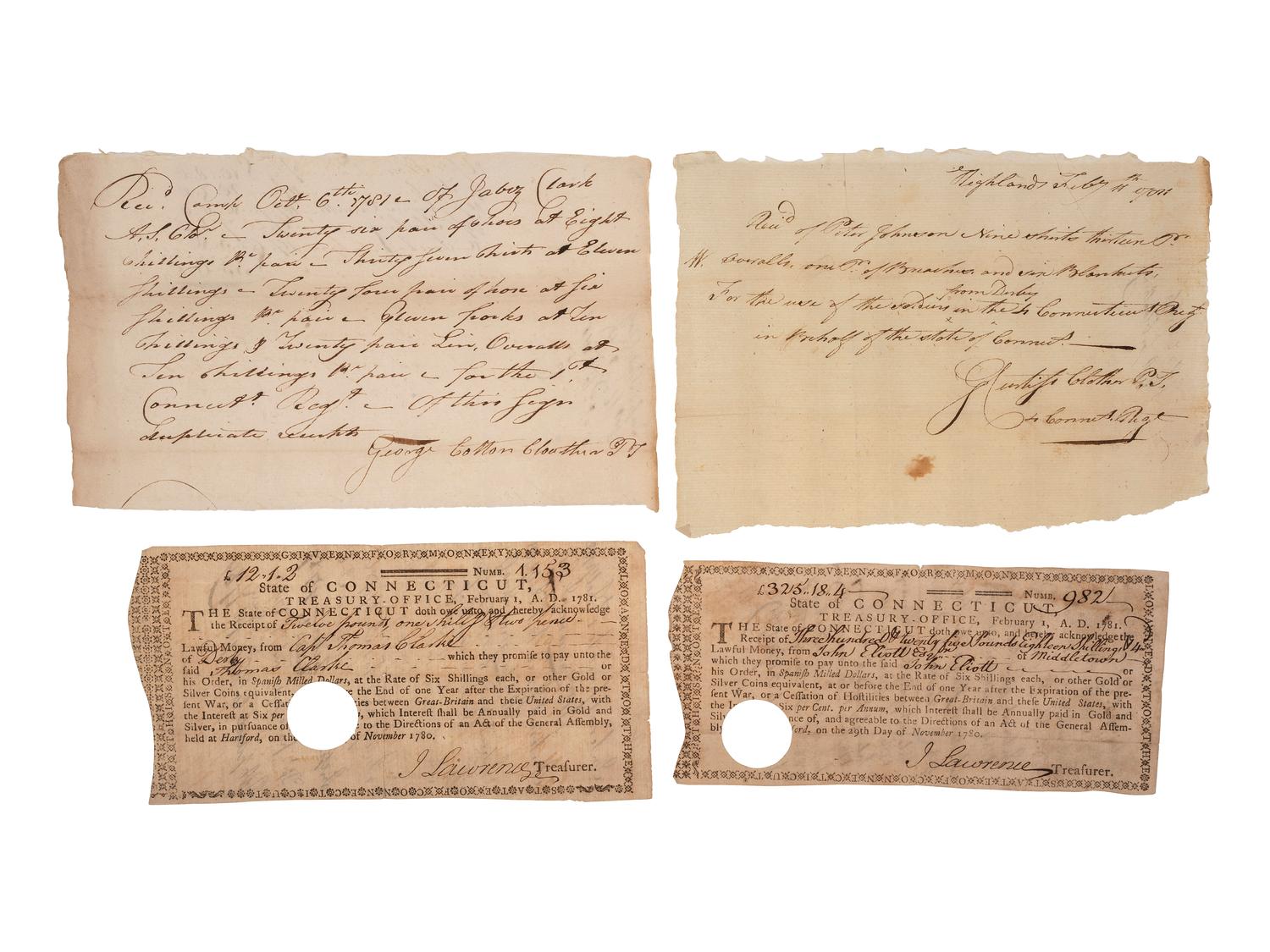 [REVOLUTIONARY WAR]. 8 Connecticut notes, incl. soldiers' pay documents and other receipts, 1780-82.