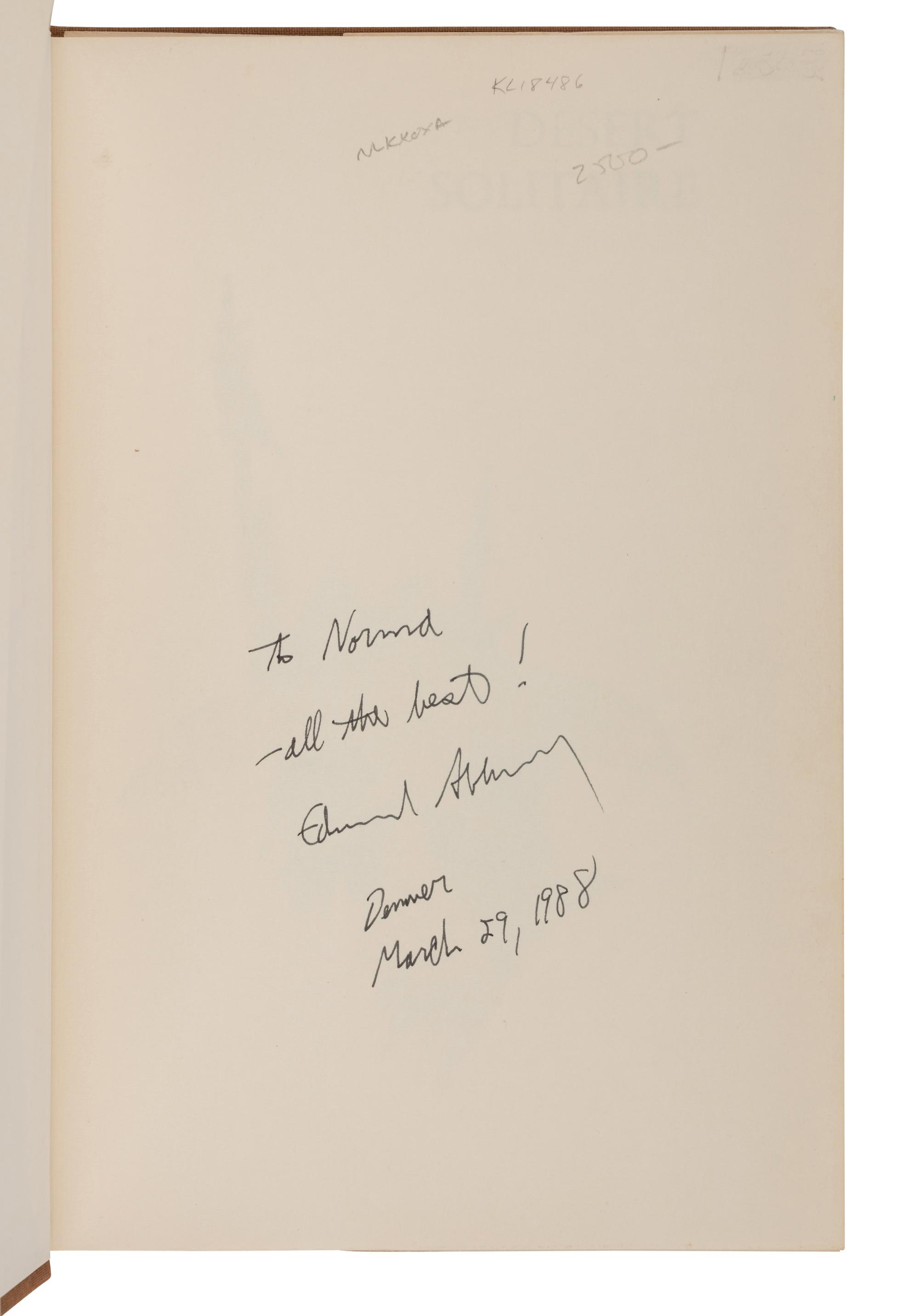 ABBEY, Edward (1927-1989). Desert Solitaire . New York: McGraw-Hill, 1968.