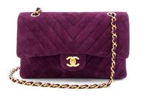A Chanel Purple Suede Chevron Flap Handbag, 10" x 6.5" x 2.5".